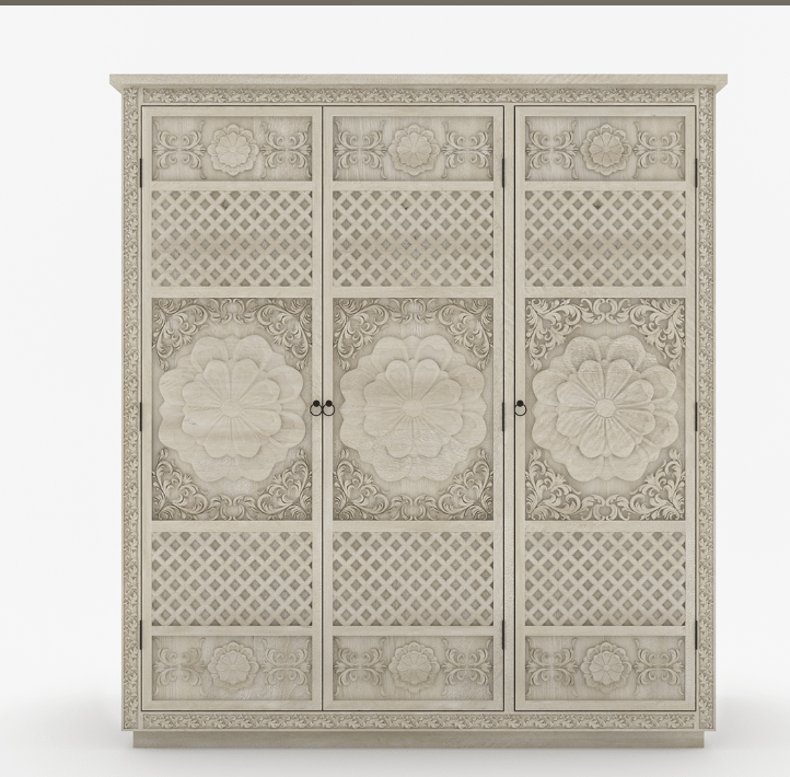 Hand Carved White Three Door Sunflower Design Armoire - Solid Wood Wardrobe for Bedroom Storage & Organization - Perfect for Master Bedroom, Guest Room & Closet Organization