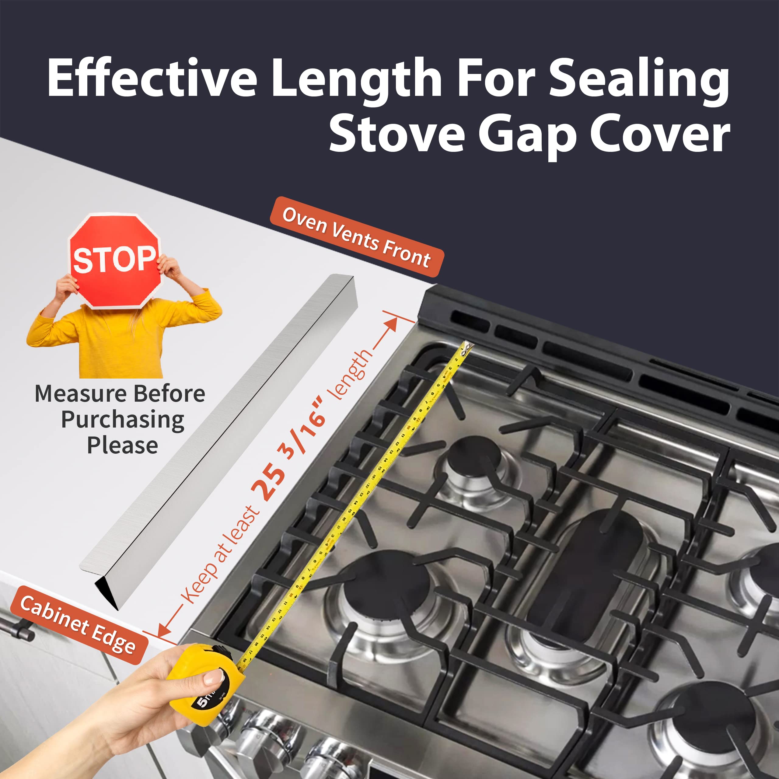 IIIOIIIA Upgraded 'L' Shape Kitchen Stove Counter Gap Cover (2 Pack) - 25.5 Inch Stainless Steel Stove Gap Filler for Spill Protection - Wide & Long Design for Secure Fit Between Stove and Countertop - Perfect for Kitchen Safety and Easy Cleaning (Silver)