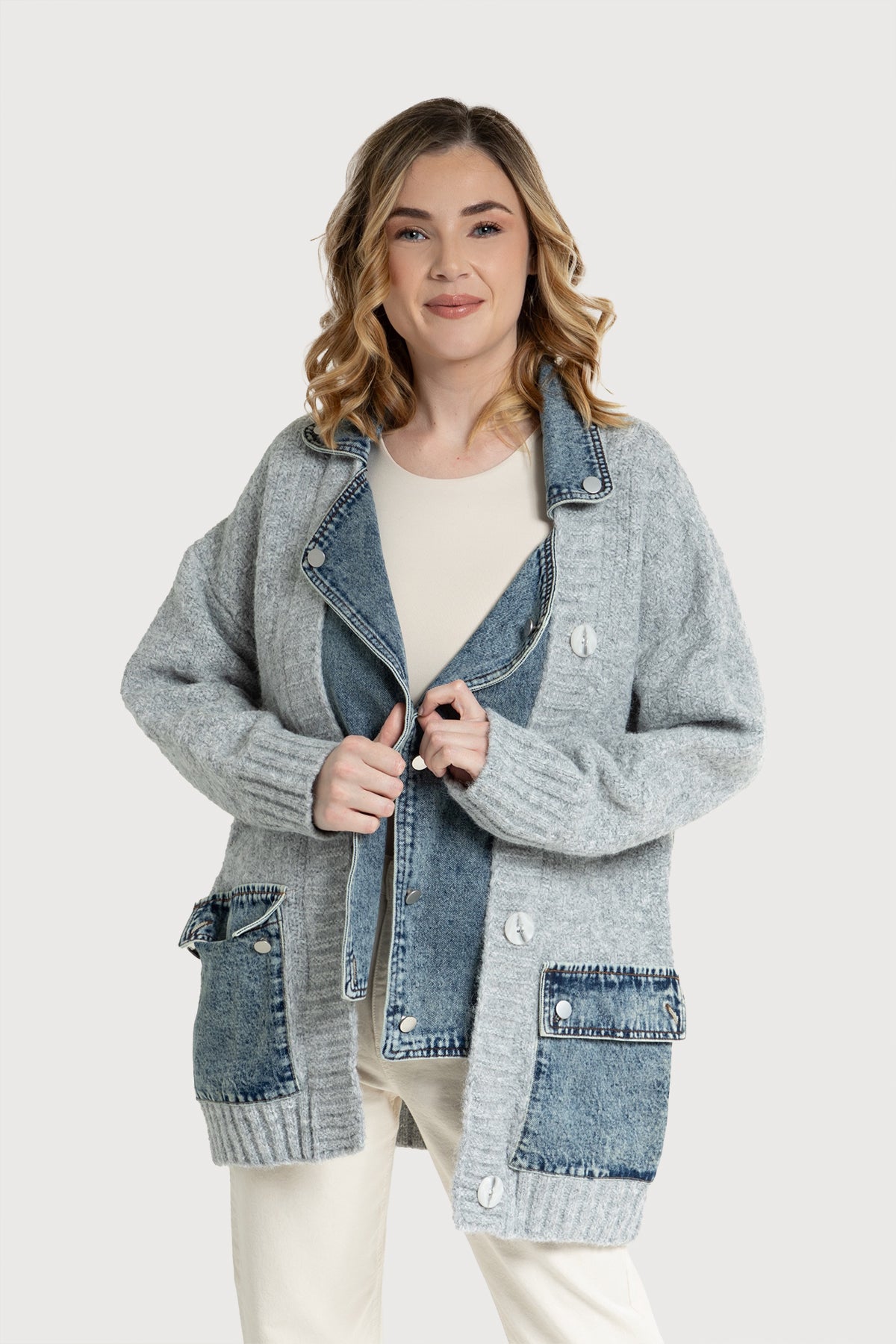 Stylish Women's Denim Knit Cardigan Sweater - Cozy Long Sleeve Open Front Jacket for Casual Outfits & Layering in Fall/Winter