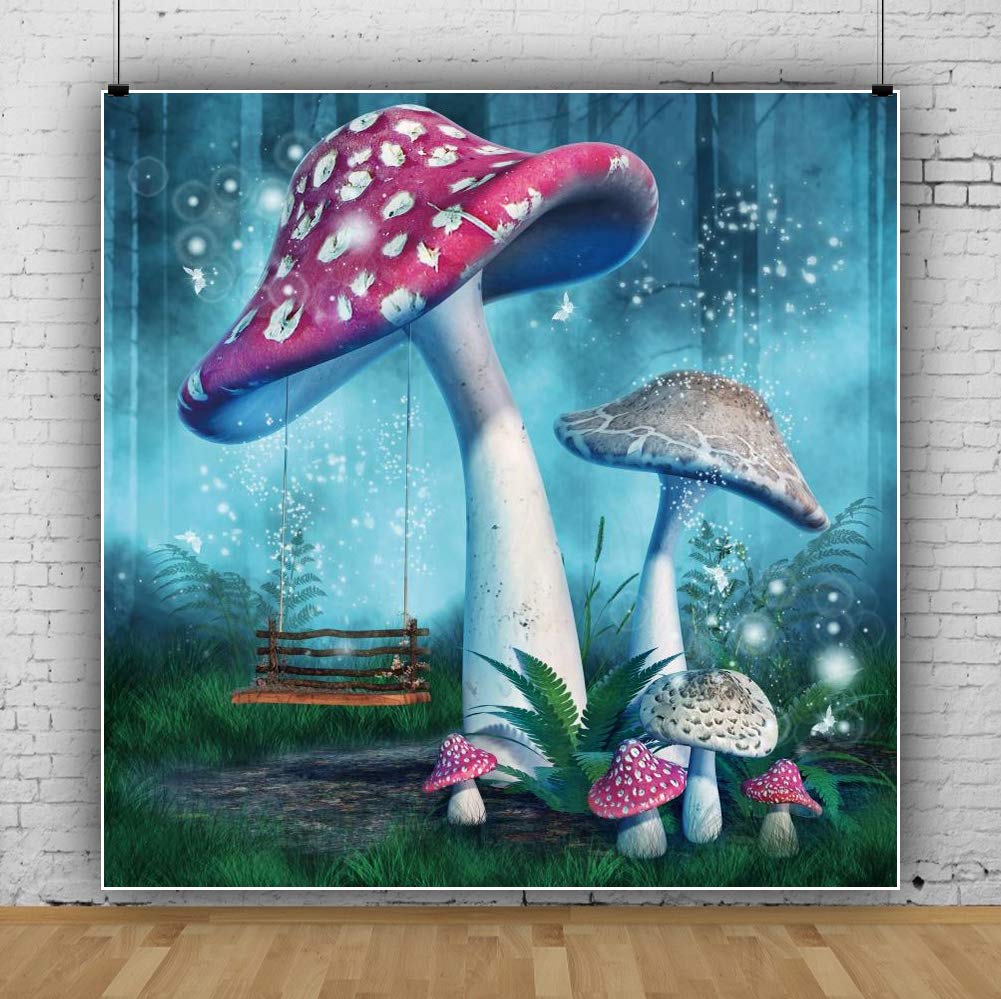 6x6ft Wonderland Mushrooms Photography Backdrop - Silver Glitter Fungus Enchanted Forest Background for Kids Baby Portraits, Birthday Party, Princess Photo Shoot Props