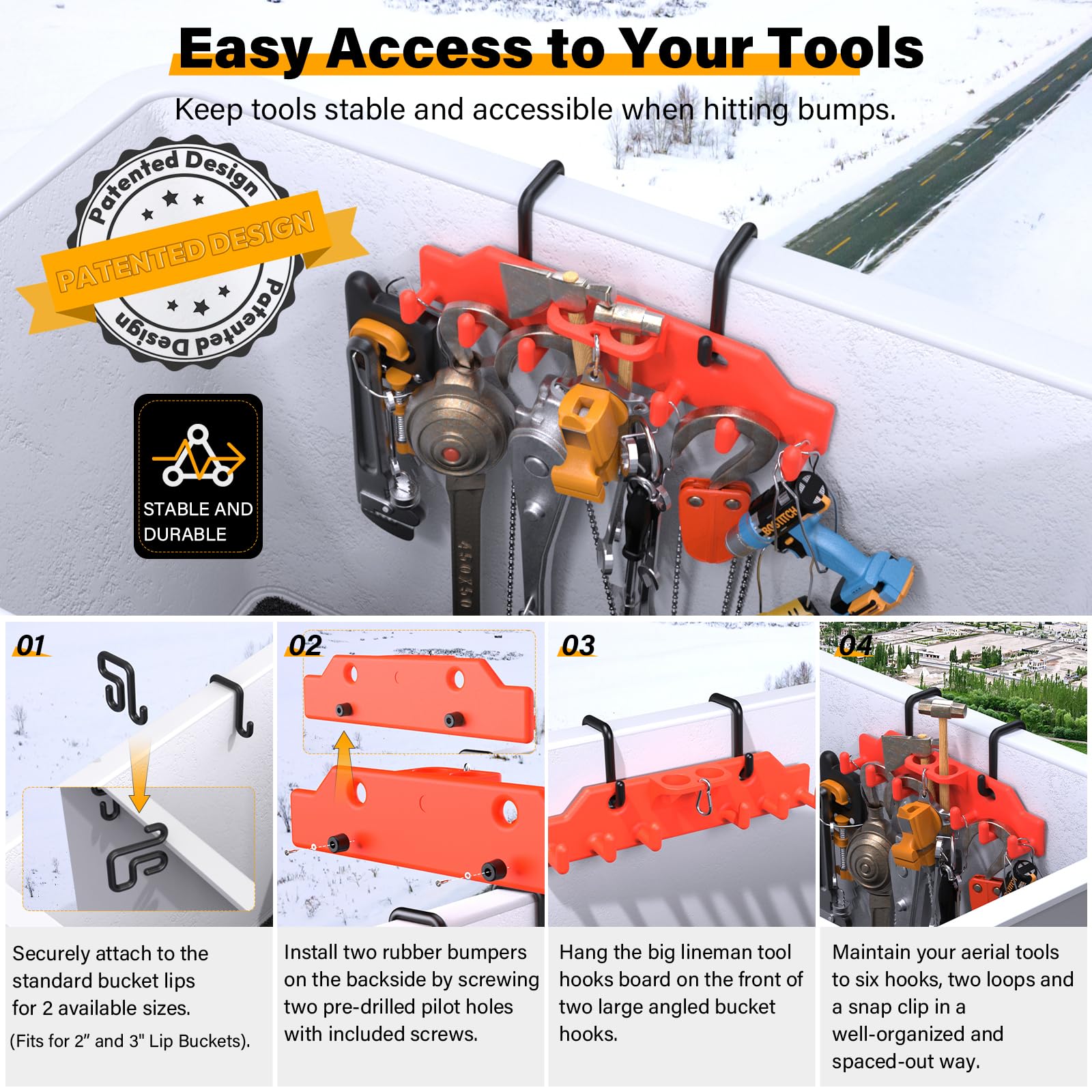Heavy-Duty Lineman Tool Board with 4 Aerial Bucket Hooks - Bucket Truck Tool Organizer for Line Workers, Utility Professionals & Electricians - Includes Two 3