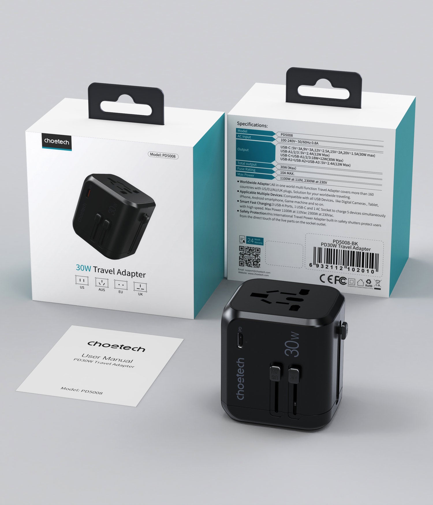 Chotech PD5008 30W USB-C Fast Wall Charger with 3 Ports - Compact Travel Charger for iPhone, Samsung, iPad, Laptop - Perfect for Home, Office & Business Trips