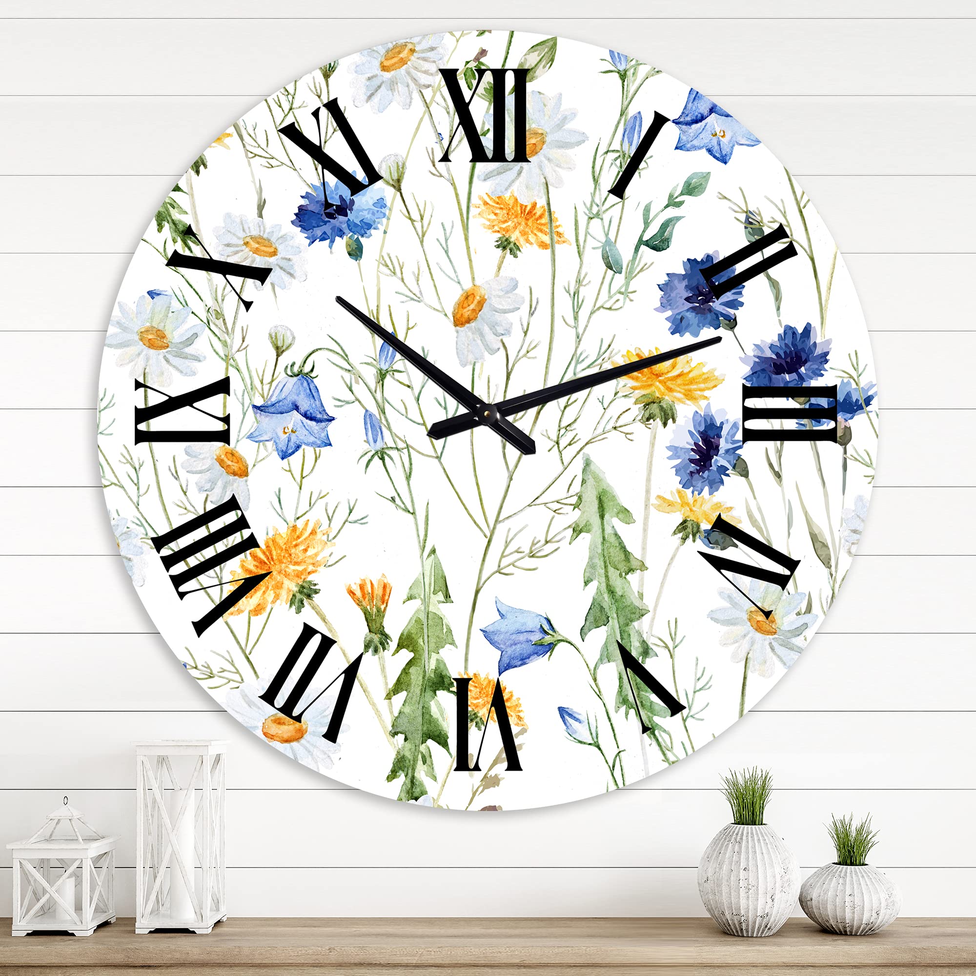 Wildflowers Chamomile and Clover Bell II - Large Traditional Wall Clock with Floral & Botanical Design for Bedroom, Living Room, and Office Decor | Silent Non-Ticking Mechanism