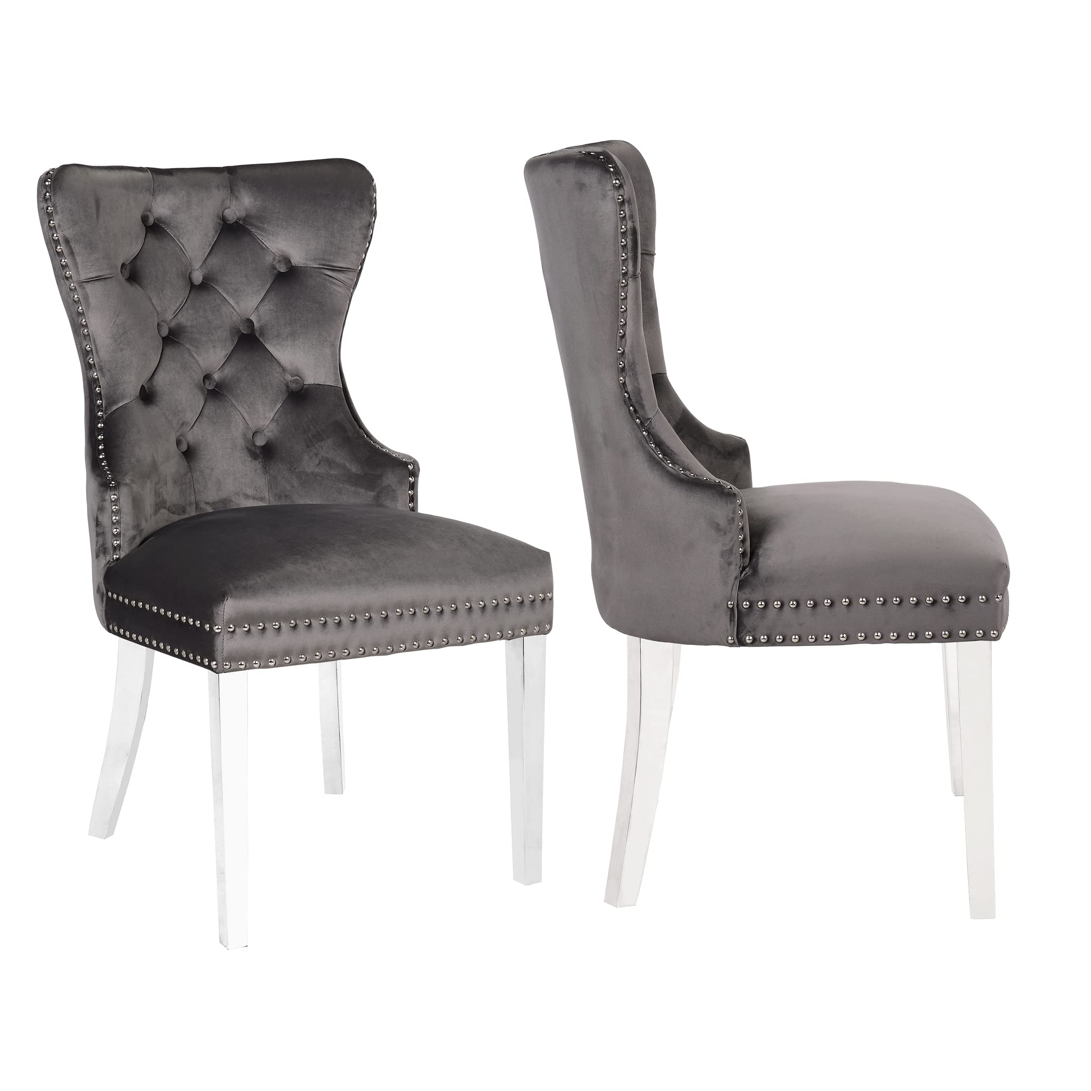 Tufted Velvet Wingback Dining Chairs Set of 2 - Modern Velvet Upholstered Armless Side Chairs with Chrome Legs for Living Room, Kitchen & Dining Room - Gray UC-10SS | Perfect for Small Spaces, Breakfast Nooks and Contemporary Home Decor