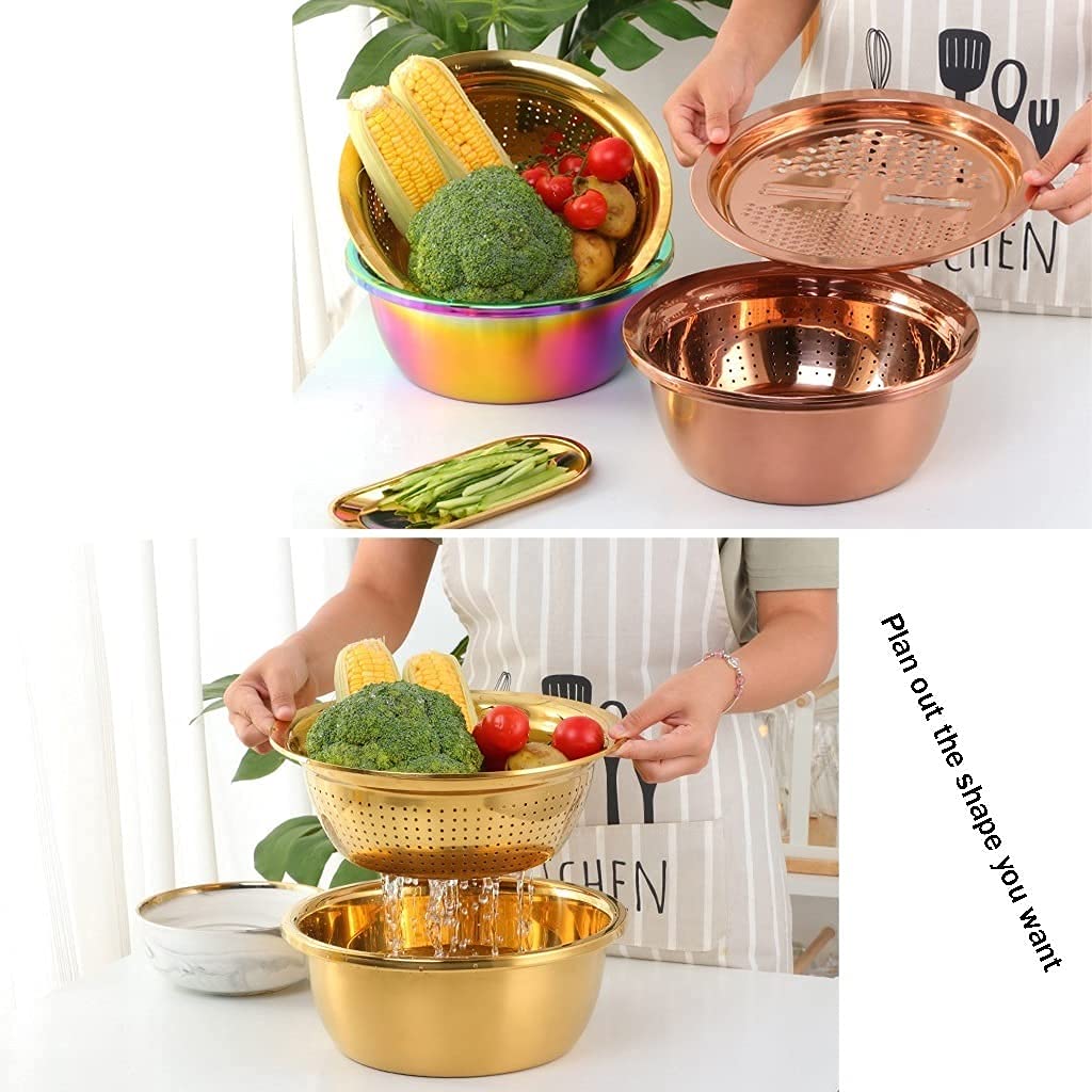 11 Inch Stainless Steel Colander & Strainer - 3-in-1 Multipurpose Kitchen Basket with Julienne Grater for Vegetables, Pasta, Salad | Perfect for Draining, Washing & Food Prep