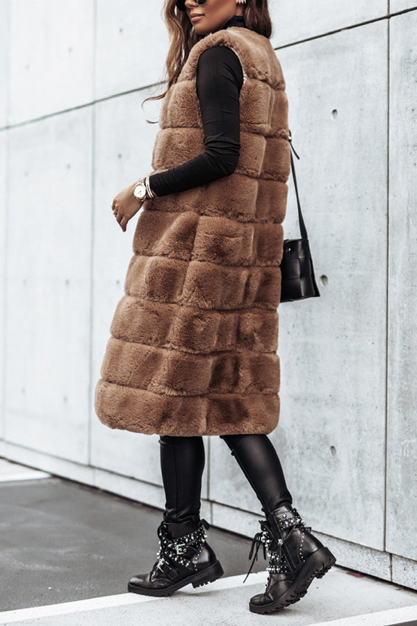 Solid Color Fur Round Neck Sleeveless Midi Vest Jacket for Women - Cozy Winter Fashion Outerwear for Casual Outings & Office Wear