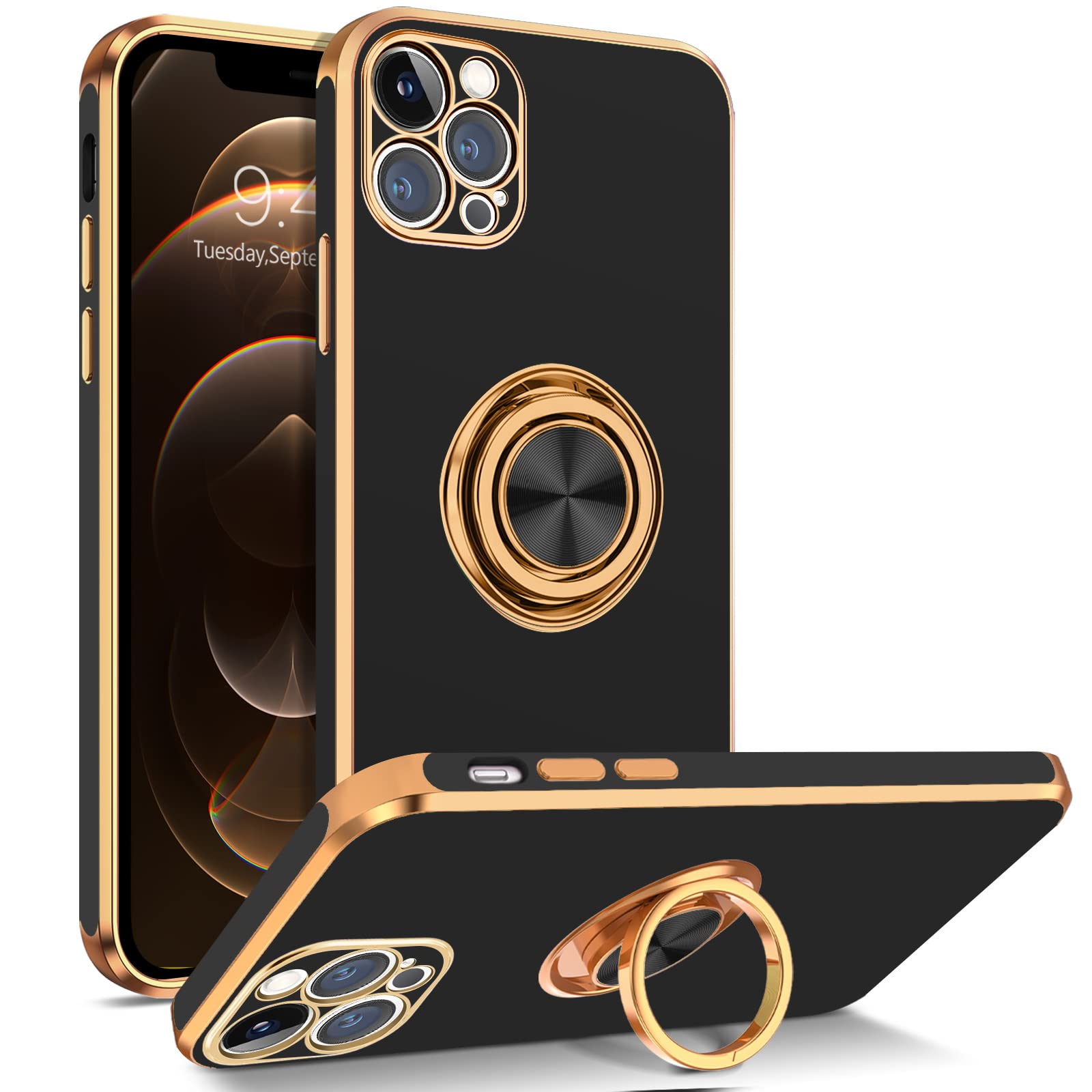 BENTOBEN iPhone 12 Pro Max Case with Ring Holder & Rotating Kickstand - Soft TPU Shockproof Protective Cover for Women (6.7 Inch, Black) | Perfect for Work, Travel & Daily Use