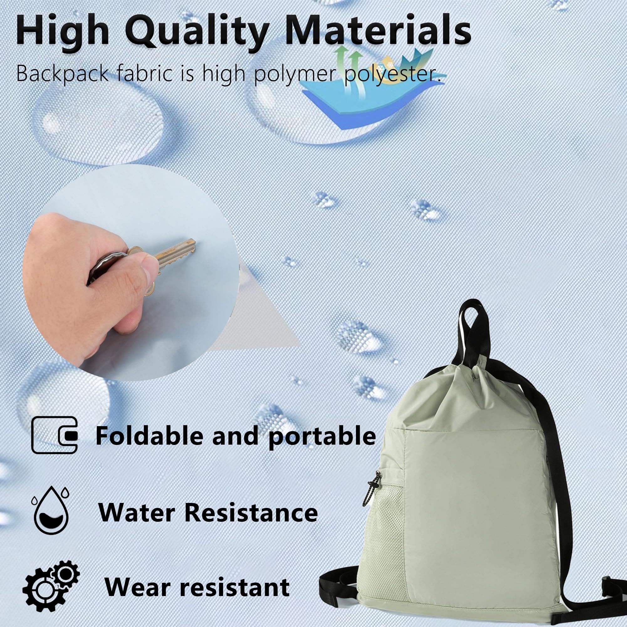 14L Lightweight Foldable Travel Backpack - Waterproof Drawstring Hiking Gym Bag for Women & Men with Zipper Pockets & Mesh Bottle Holder | Perfect for Swimming, Sports, Camping & Outdoor Adventures (Green)