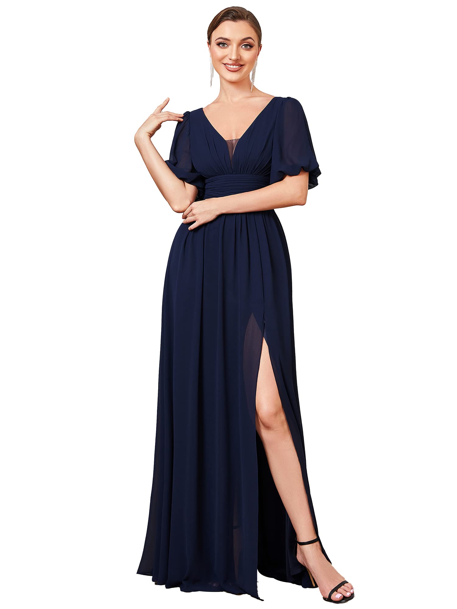 Ever-Pretty Women's Elegant Double V-Neck Puffy Sleeves Chiffon Evening Dress with Side Slit - A-Line Floor Length Formal Gown 01385 | Perfect for Prom, Wedding Guest, Cocktail Party & Special Occasions