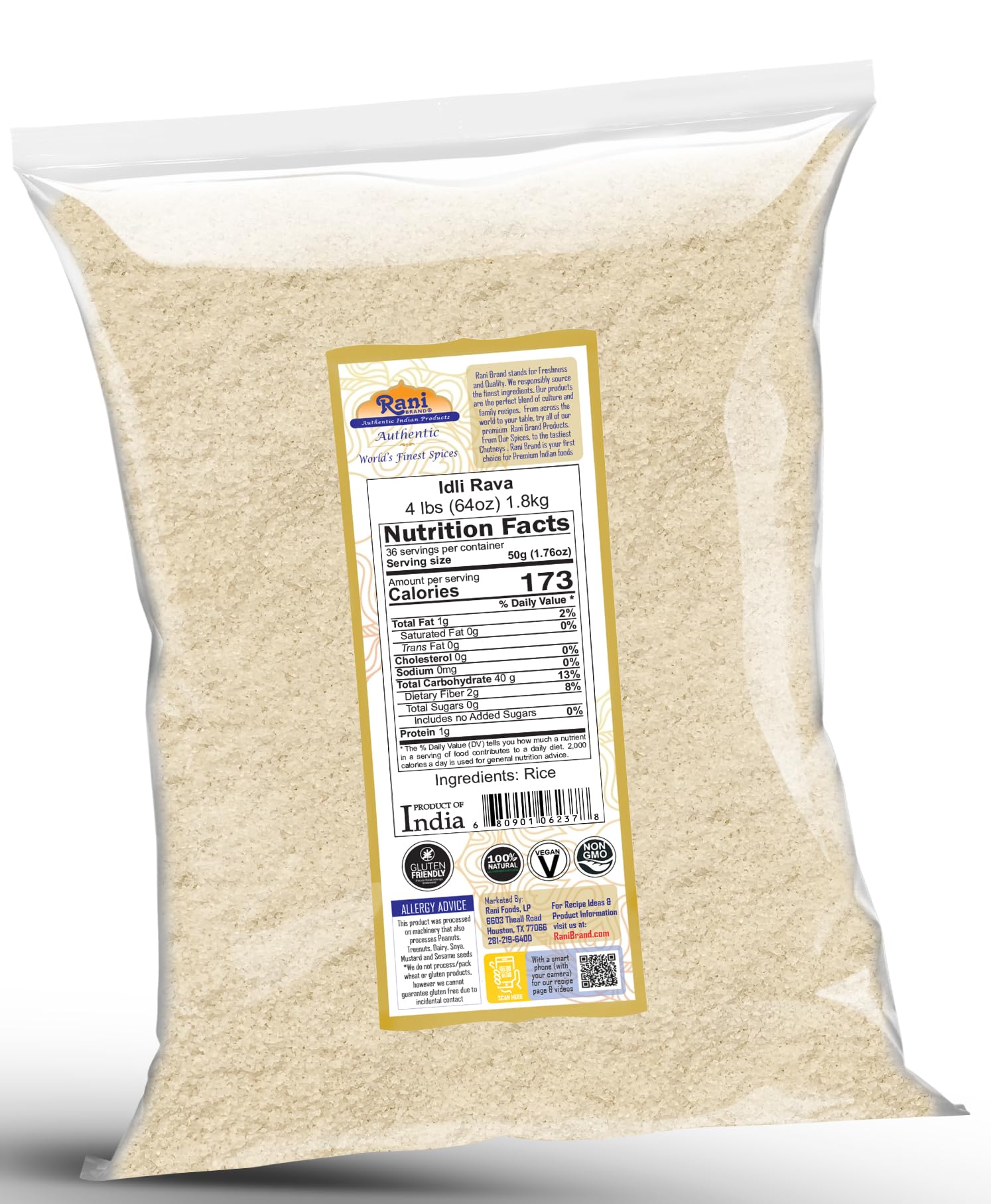 Rani Idly Rava (Parboiled Cream of Rice) 64oz (4lbs) 1.81kg - All Natural, Vegan, Gluten Friendly, Non-GMO, Indian Origin - Perfect for Indian Breakfast, Idli, Dosa & Healthy Cooking