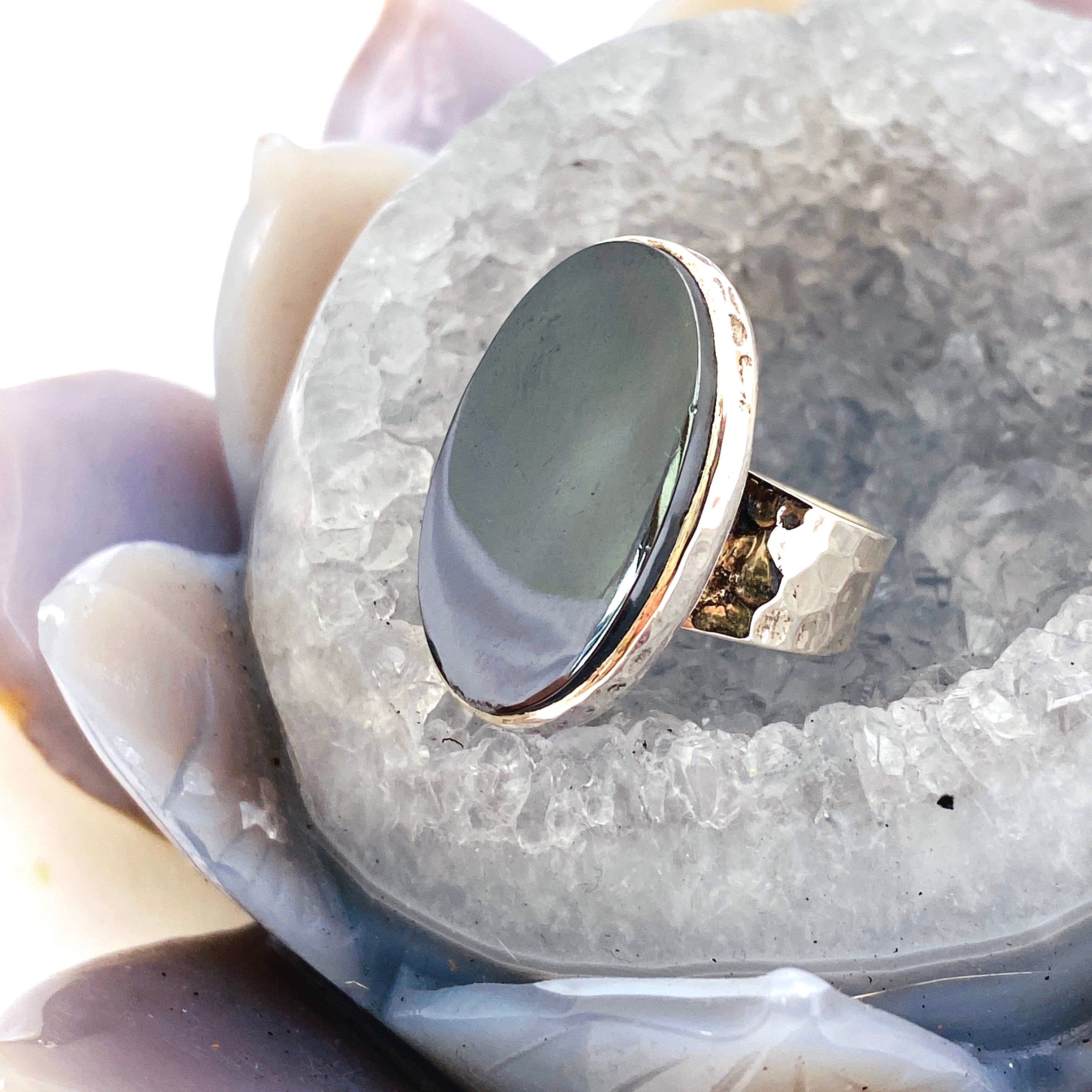Natural Hematite Oval Cabochon Ring with Handmade Beaten Band - Size 6.5 (KRGJ1687) | Elegant Boho Jewelry for Women, Perfect for Everyday Wear & Gift Giving