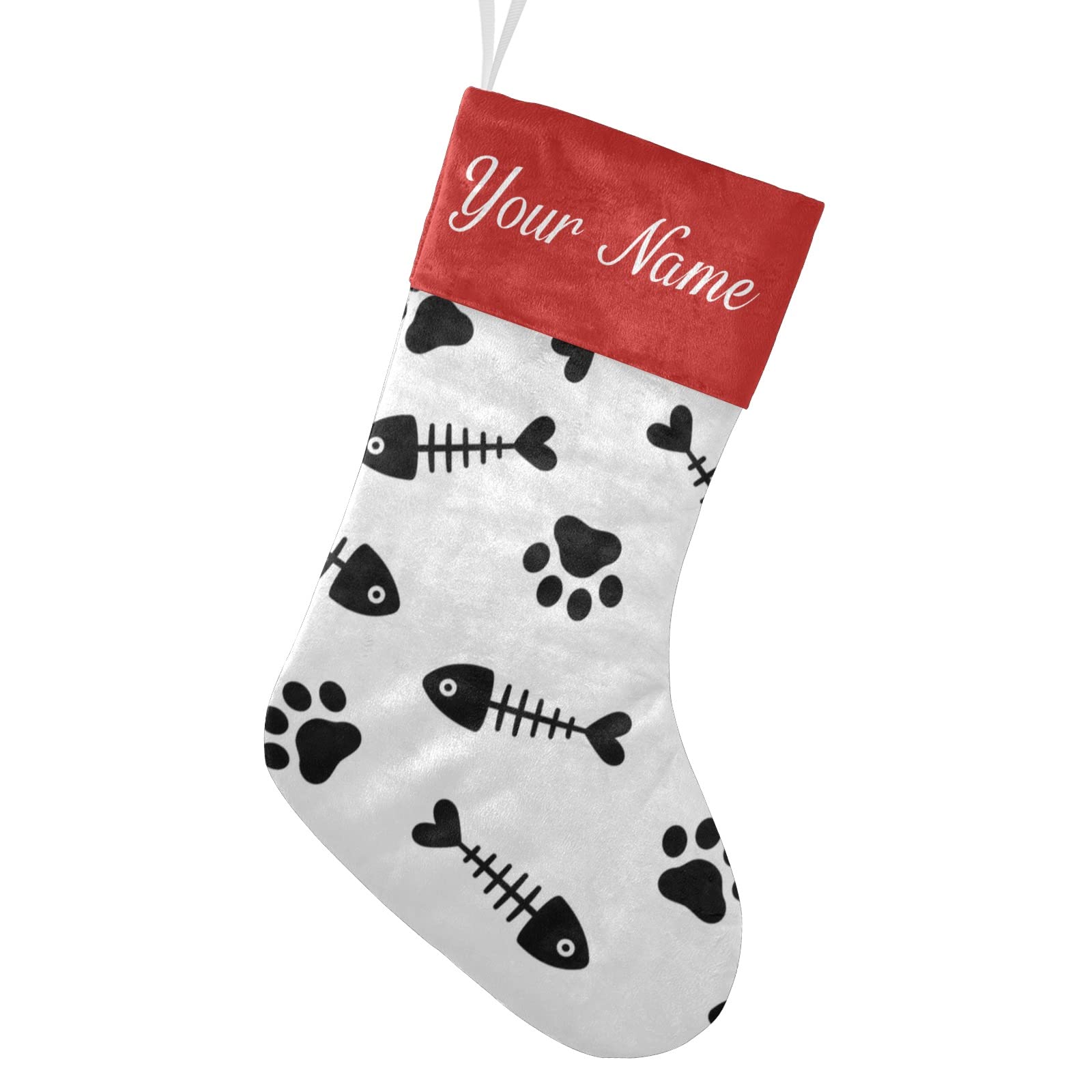 Custom Black Fishbone Paw Christmas Stockings - Personalized Name Holiday Socks for Family Party Decor (17.52 x 7.87 Inch) - Perfect for Fireplace Mantel, Gift Exchange & Festive Home Decoration