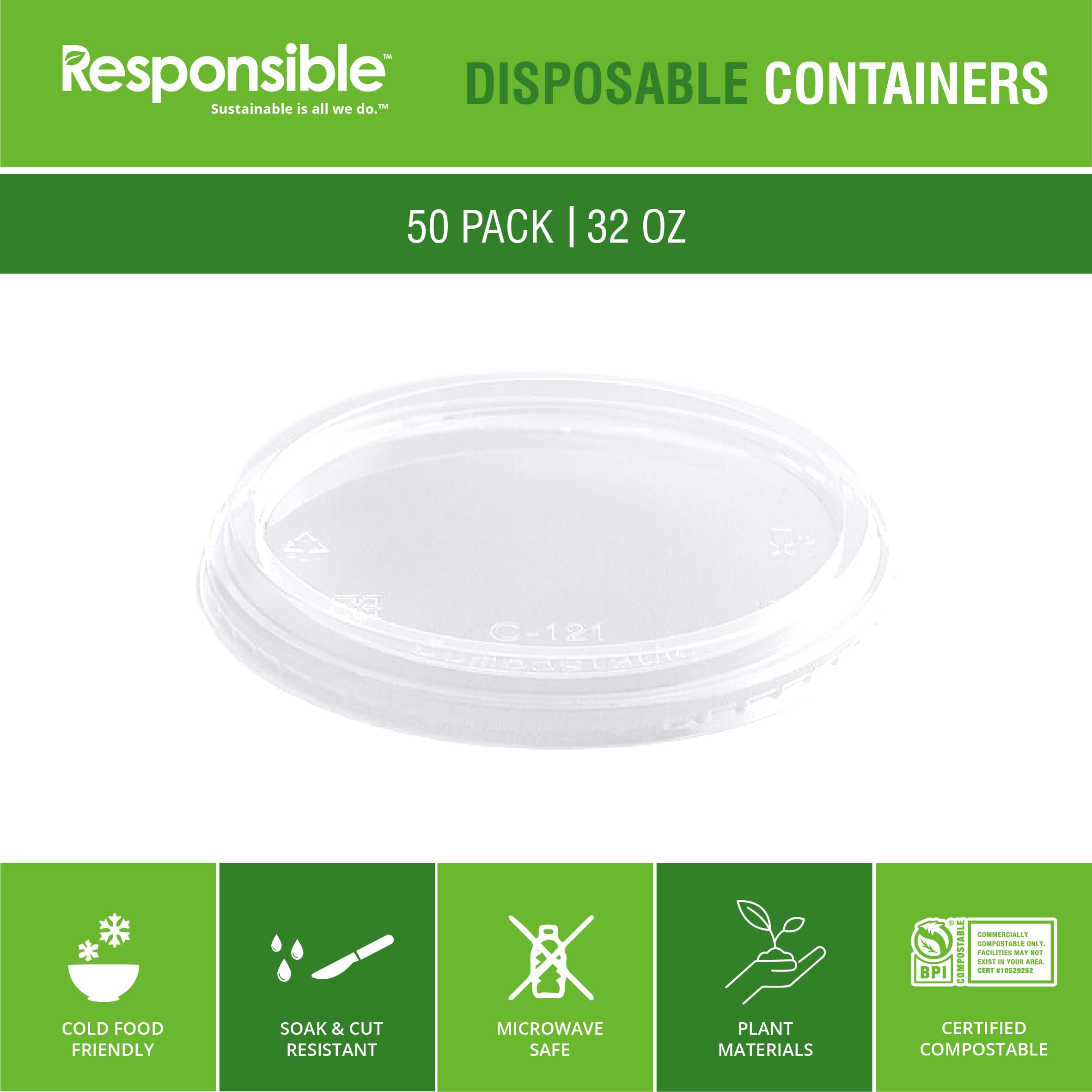 Certified Compostable 8-32 oz Clear Round Deli Containers Lids - 100% American Biobased Materials, PFAS-Free & BPA-Free (50 Count) - Perfect for Food Storage, Meal Prep, and Eco-Friendly Takeout Containers
