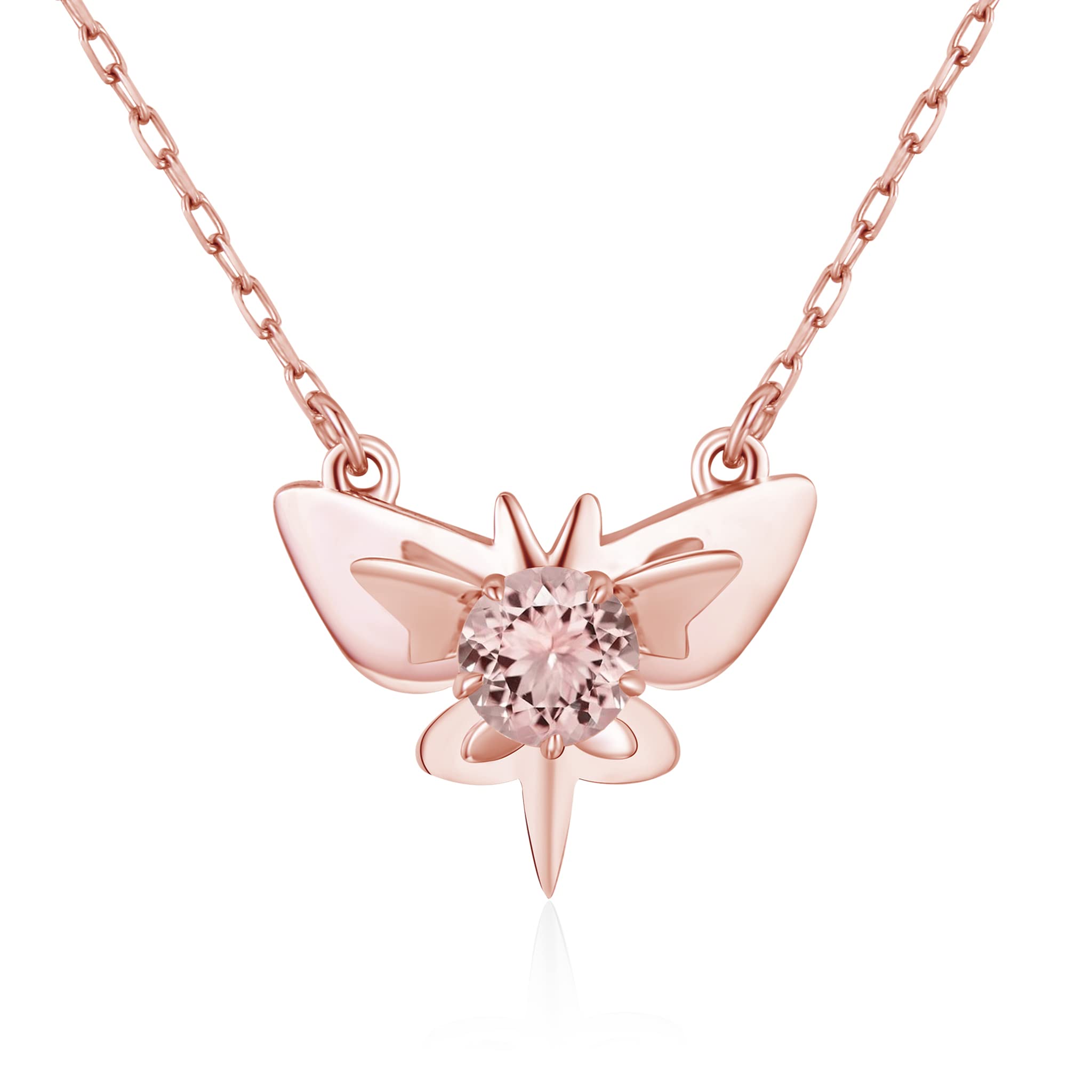 Morganite Butterfly Pendant Necklace - Dainty Gold Layering Charm Necklace - Alternative October Birthstone Jewelry - Minimalist & Tiny Necklace for Everyday Wear, Gift Giving & Special Occasions