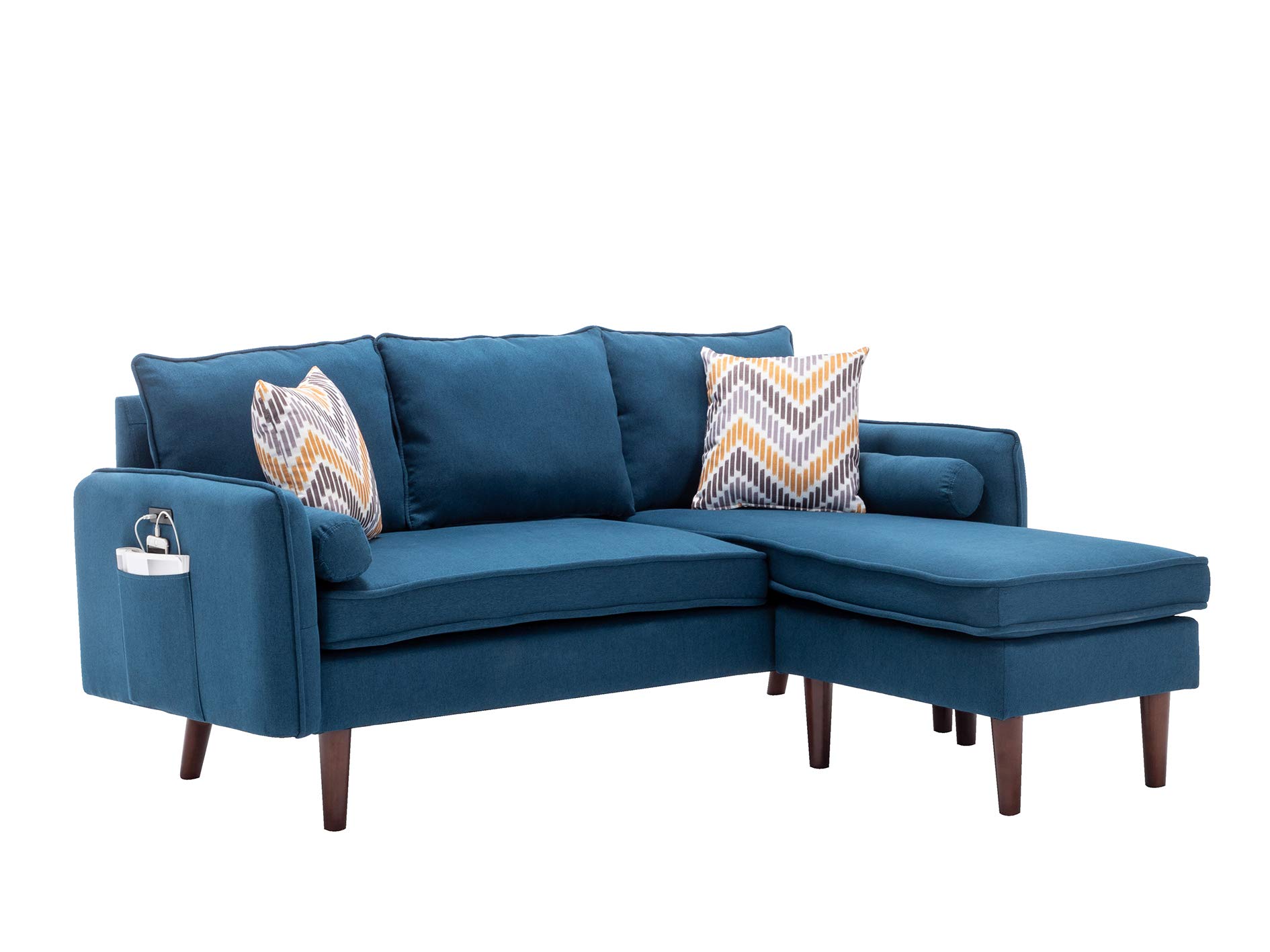 Lilola Home Mia Blue Sectional Sofa with Chaise Lounge, USB Charging Ports & Throw Pillows - Modern Living Room Furniture for Small Spaces & Apartments