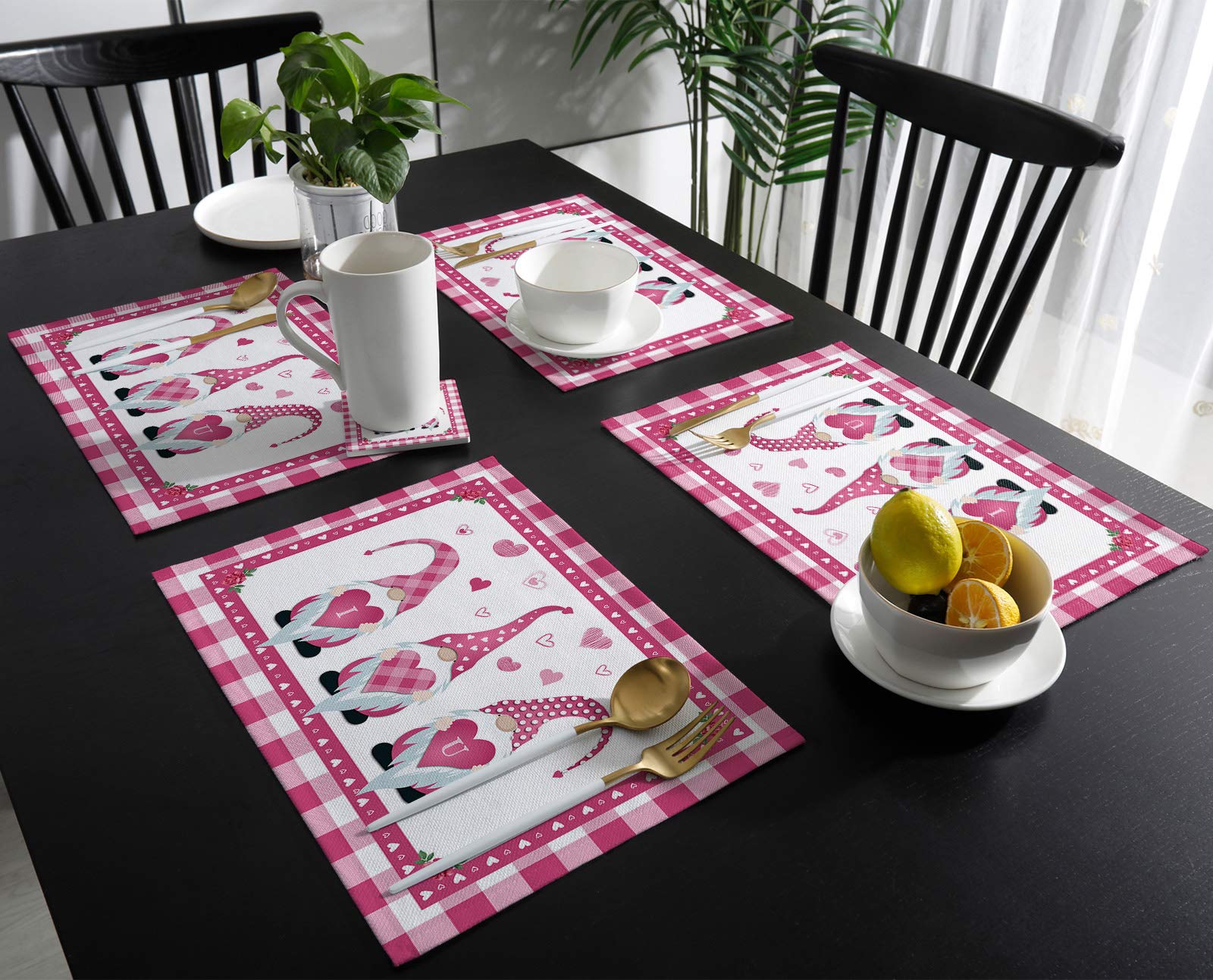 Valentine's Day Placemats Set of 4 - Pink Gnome Heart Design, Rose Pink Buffalo Check Plaid Table Mats for Dining Table - Non-Slip Home Decor for Wedding, Party & Romantic Dinners