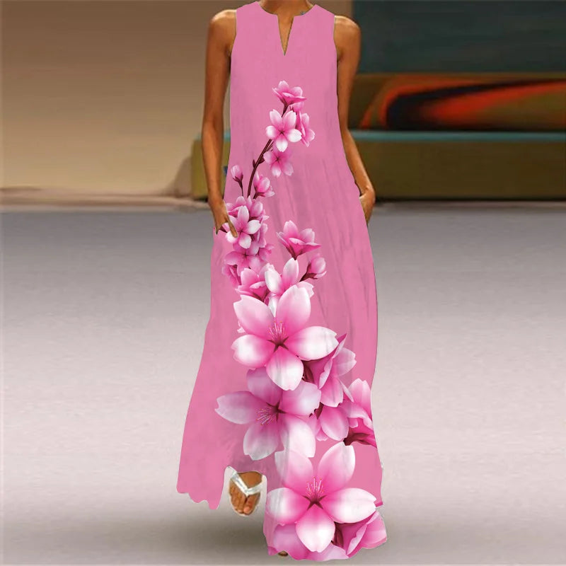 Stylish Women's Floral Print Hollow V-Neck Maxi Dress - Sleeveless Loose Fit Summer Beach Dress for Vacation, Seaside Outings & Boho Chic Occasions