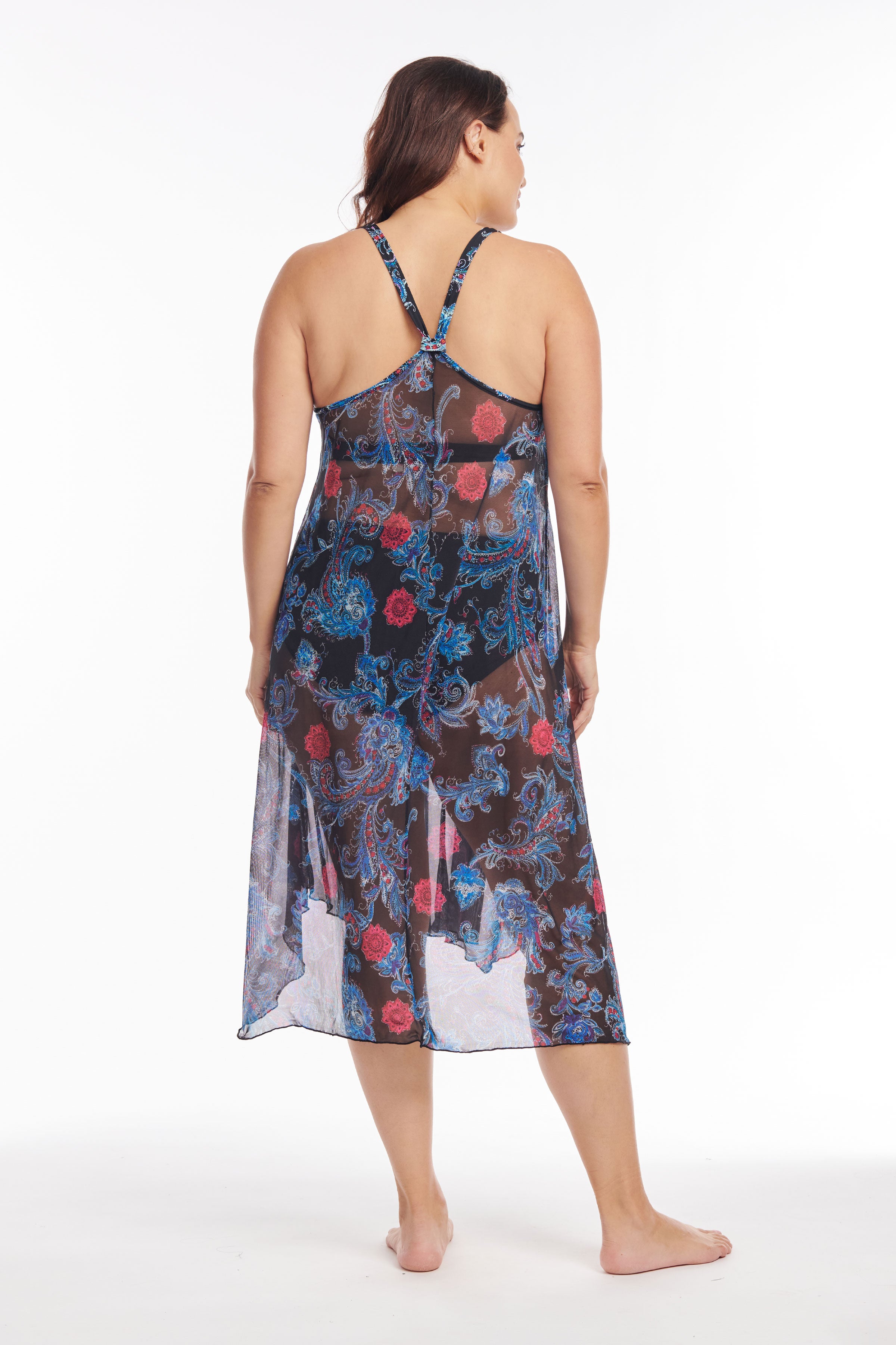 Plus Size Flowy Mesh Coverup Tank Dress - Linework Paisley Print Midi Dress for Women, Beach Cover Up, Pool Party, Summer Vacation Outfit
