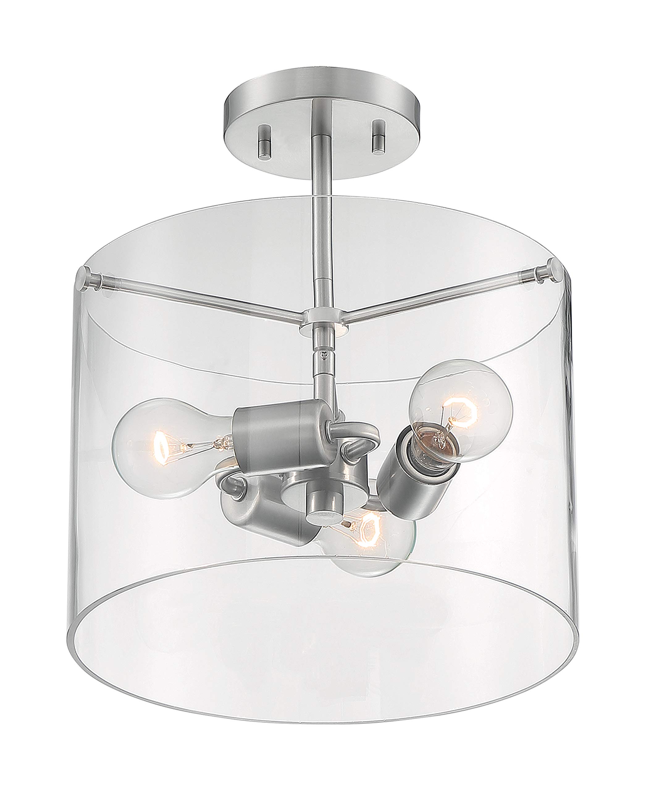 Nuvo 60/7178 Somerset 3-Light Semi-Flush Mount Ceiling Light Fixture with Clear Glass Shades - Brushed Nickel Finish for Living Room, Bedroom & Dining Room Lighting