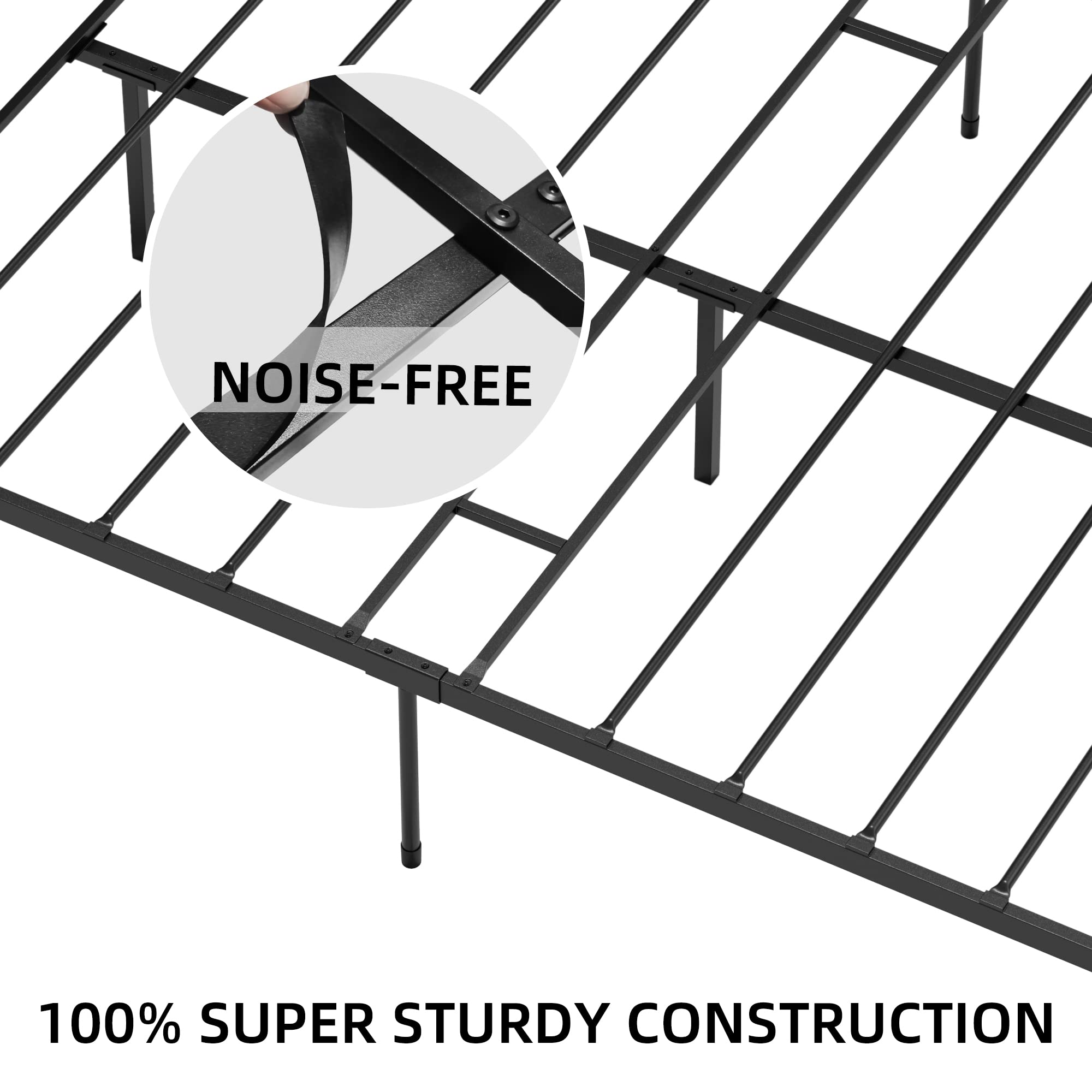 Queen Size Platform Bed Frame with Metal Headboard - Sturdy Mattress Foundation with Slat Support, 12.3