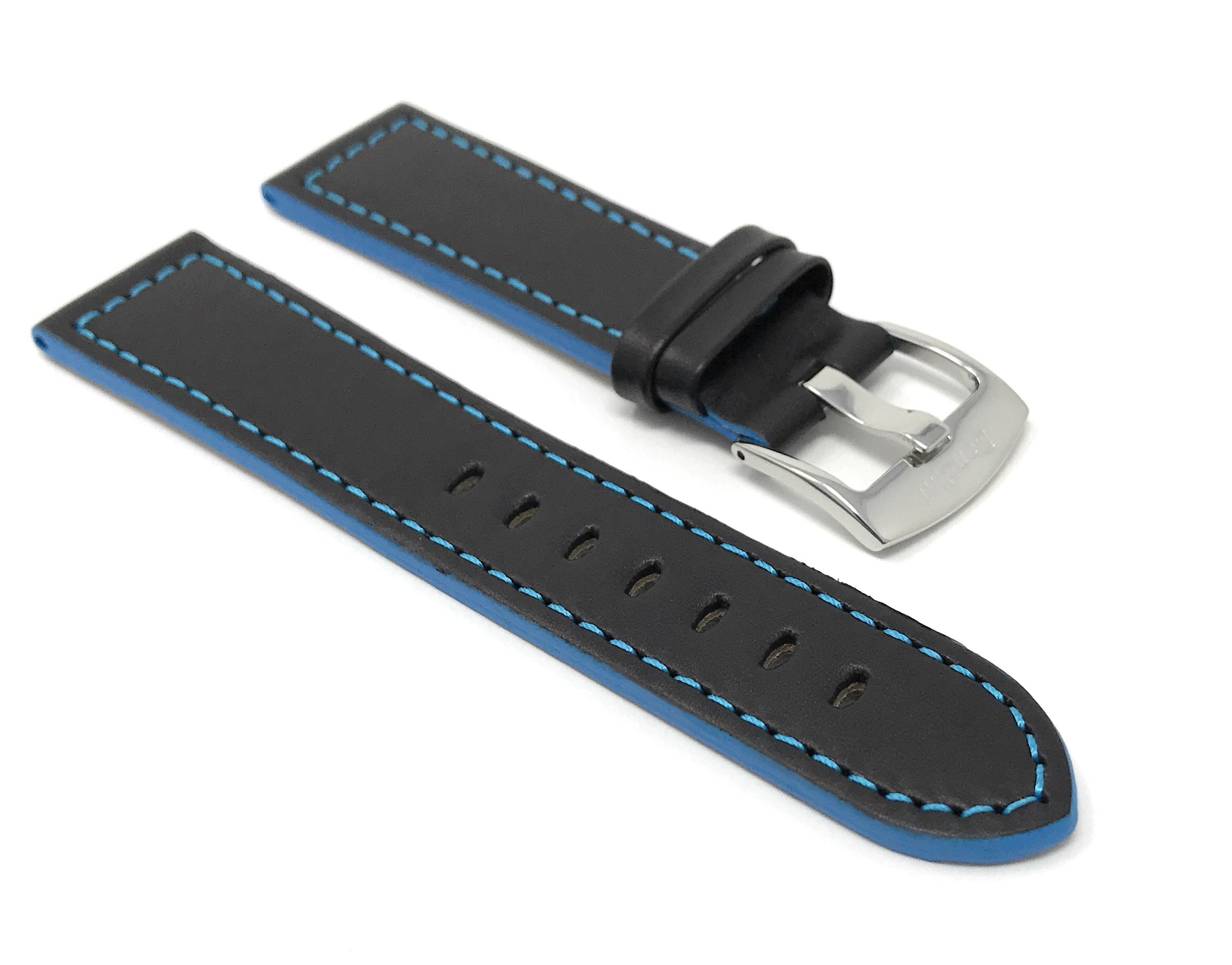 Premium 24mm Italian Leather Watch Band for Men - Black with Blue Stitching - Durable Racing Style Watch Strap - Perfect for Casual, Business & Sports Wear