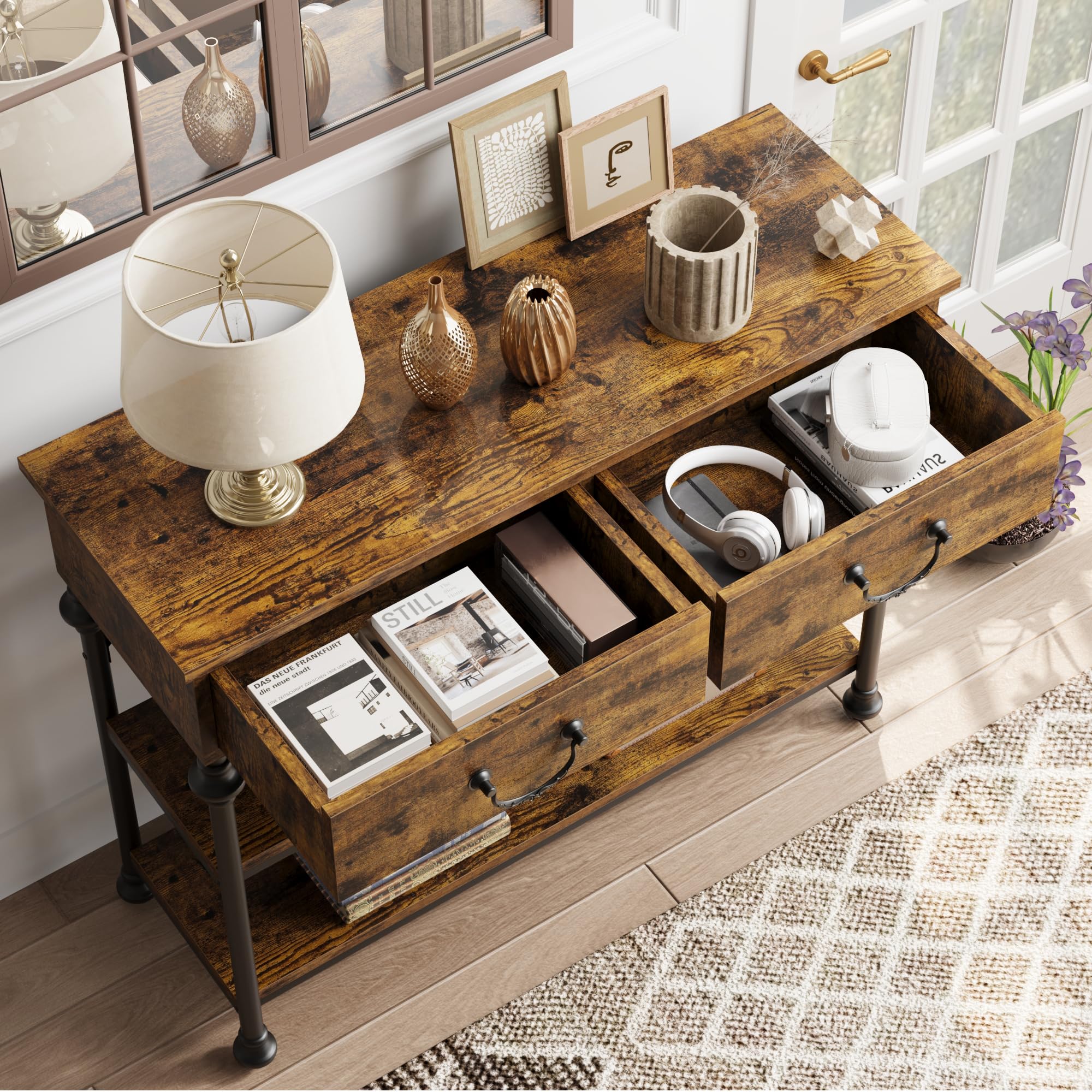 IDEALHOUSE Rustic Brown Console Table with 2 Drawers & Storage Shelves - Narrow Entryway Table for Living Room, Hallway, Sofa | Perfect for Small Spaces, Home Decor & Organizing Keys, Mail