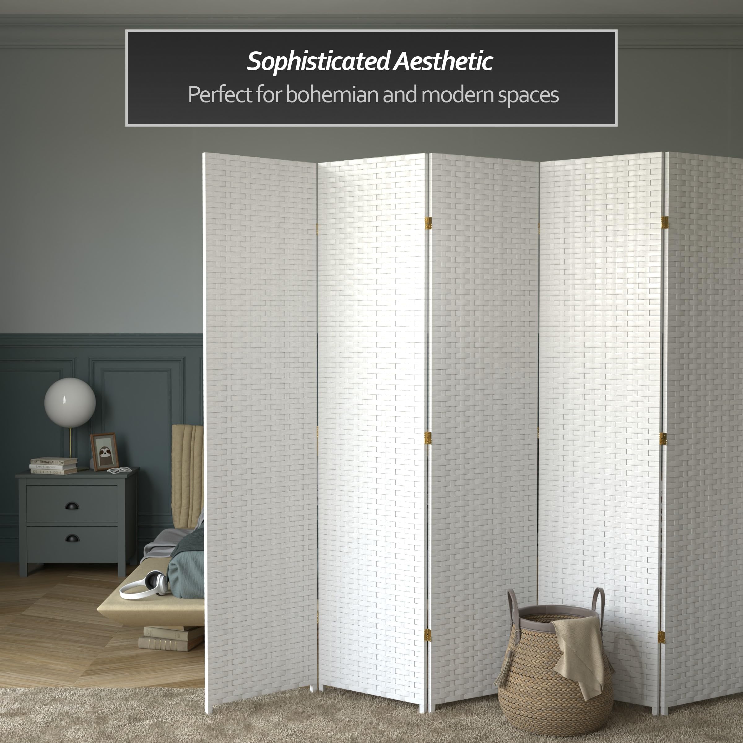 7 ft Tall Red Lantern Woven Fiber White 6-Panel Room Divider - Perfect for Home Decor, Office Partition & Asian-Themed Events