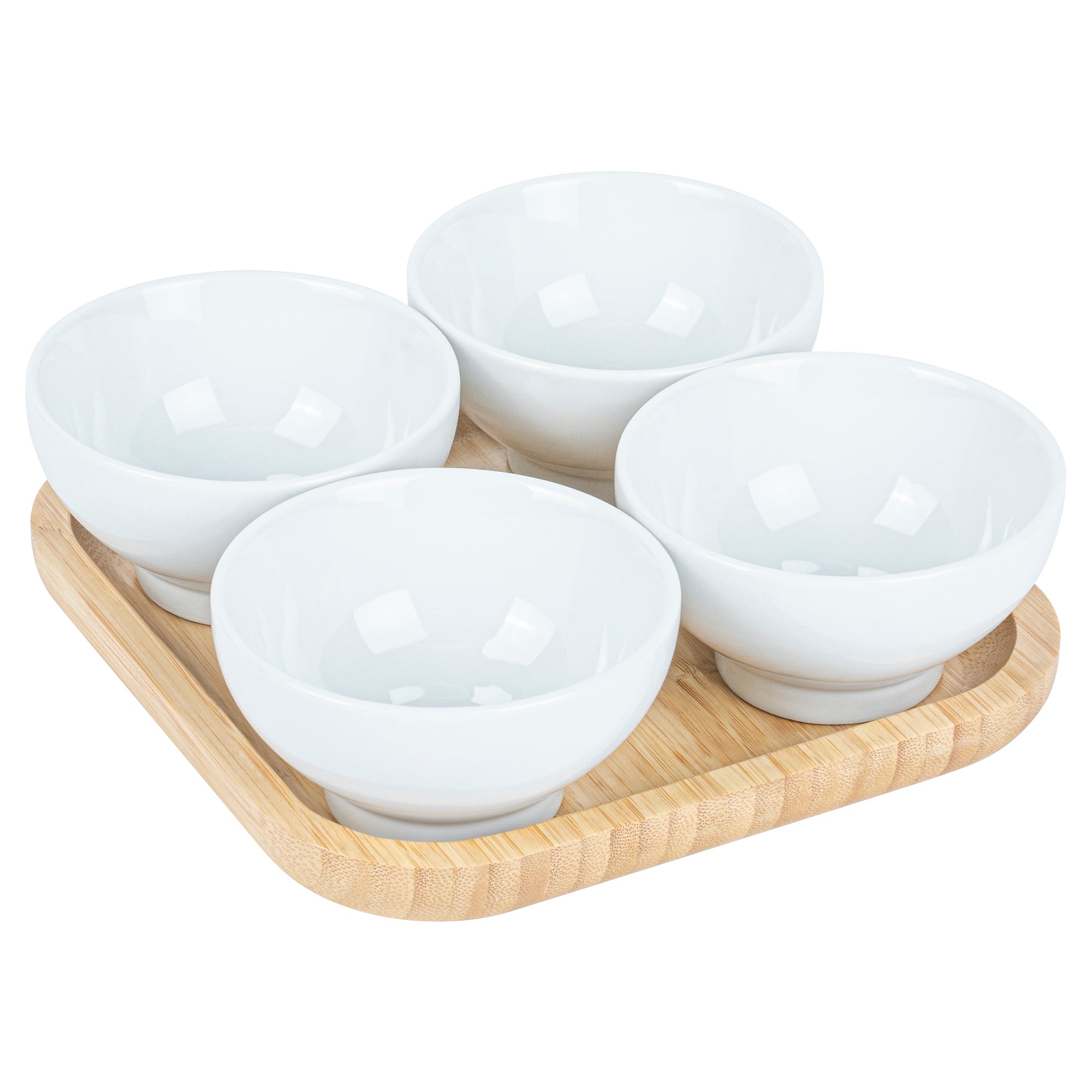 20 oz White Porcelain Coppa Bowl Set with Bamboo Tray - 4 Rectangle Bowls (7