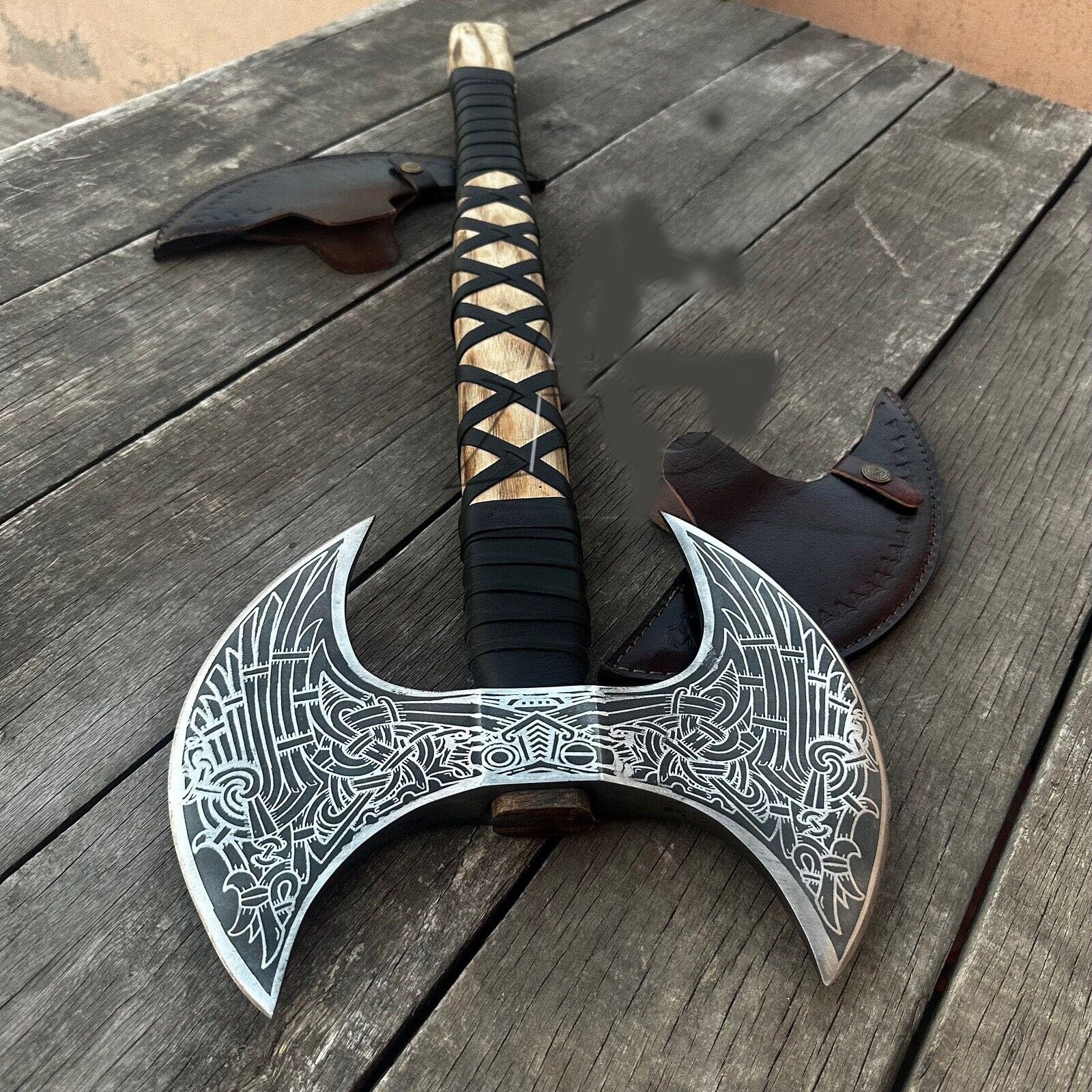 MDM-Ax106 24'' Double Headed Viking Battle Axe - High Carbon Steel Dual Edge Axe with Rosewood Handle | Perfect for Historical Reenactments, LARPing, and Unique Christmas Gifts