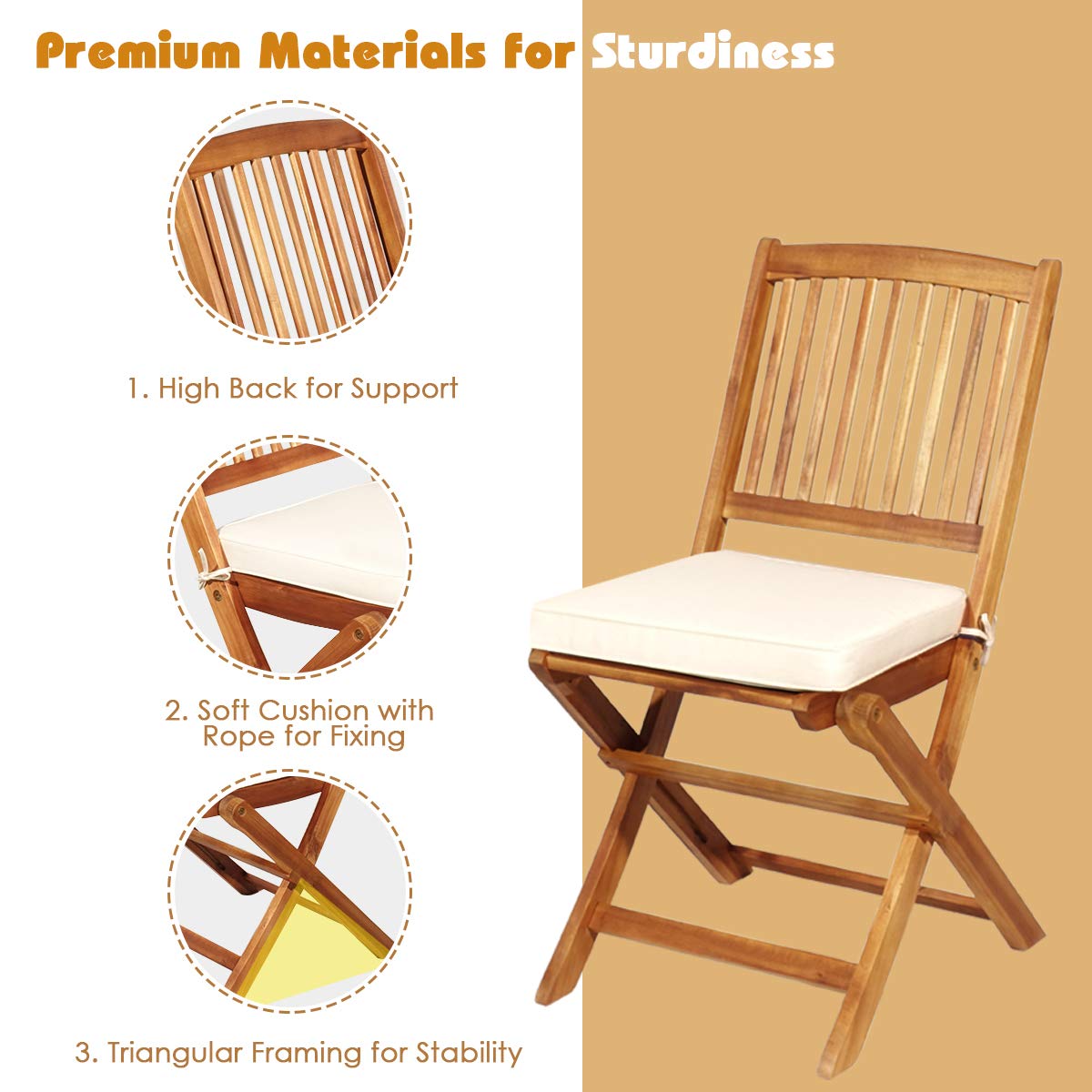 Giantex 3-Piece Patio Bistro Set - Wooden Folding Table with 2 Cushioned Chairs, Outdoor Garden Furniture for Yard, Deck, or Balcony - Natural & Beige Round Table Set for Relaxing, Dining, or Entertaining Guests