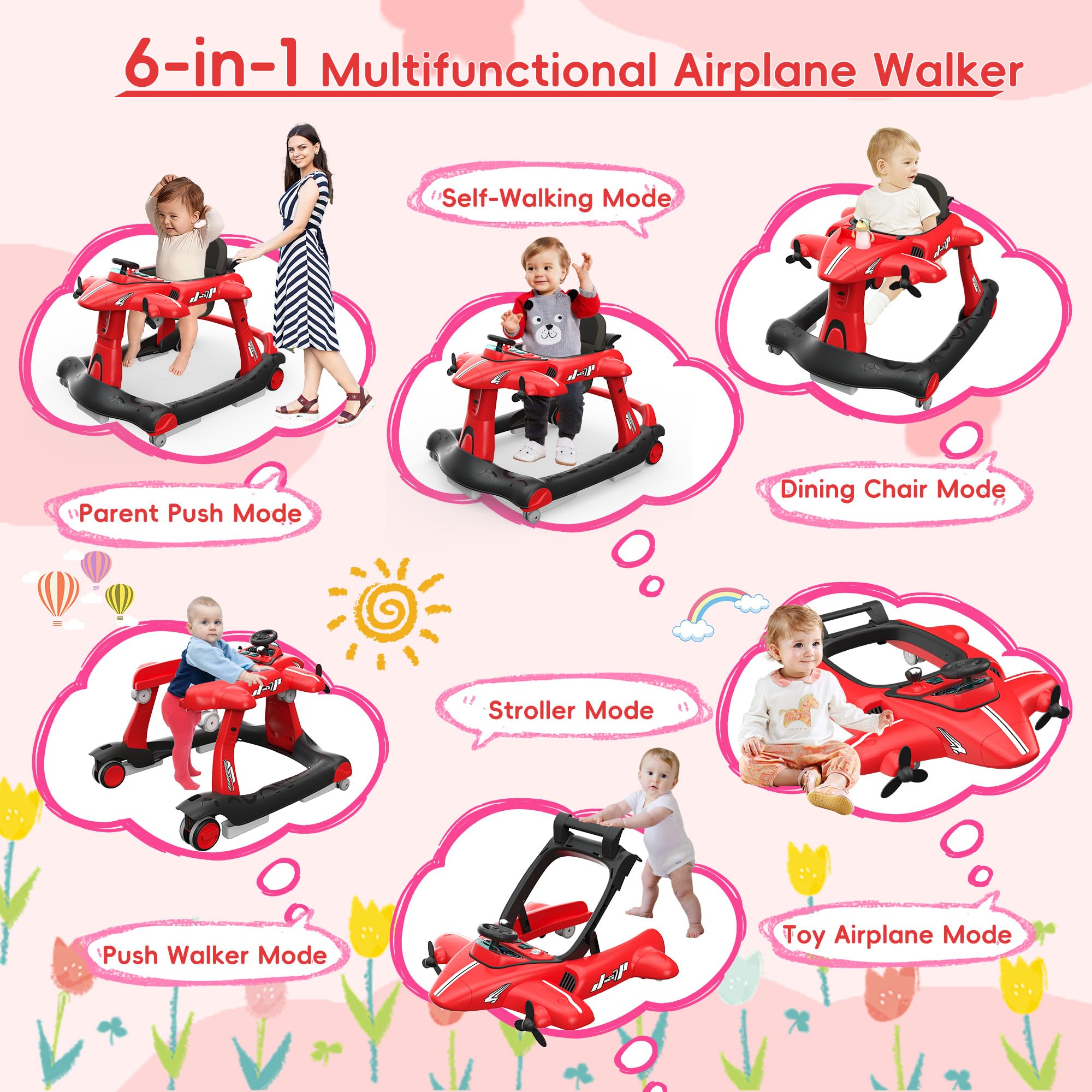 6-in-1 Foldable Baby Walker with Adjustable Height & Speed - Airplane-Themed Activity Push Walker with Music, Lights & Anti-Slip Wheels - Perfect for Boys & Girls 6-18 Months - Ideal for Learning to Walk, Indoor Play & Developmental Activities