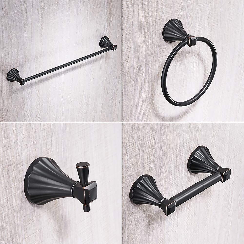 4-Piece Wall Mounted Storage Shelf Set - Multipurpose Towel Bar, Towel Ring, Toilet Paper Holder & Clothes Hook - Space Saving Aluminum Bathroom Organizer in Matte Black - Perfect for Small Bathrooms, Apartments & Vanities