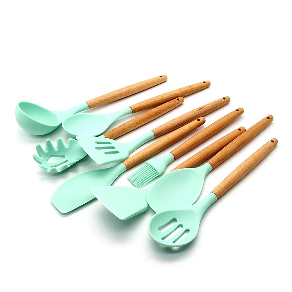 MJWDP 9-Piece Silicone Cooking Utensils Set with Natural Wooden Handles - Durable Kitchen Tools for Baking, Frying, and Everyday Cooking