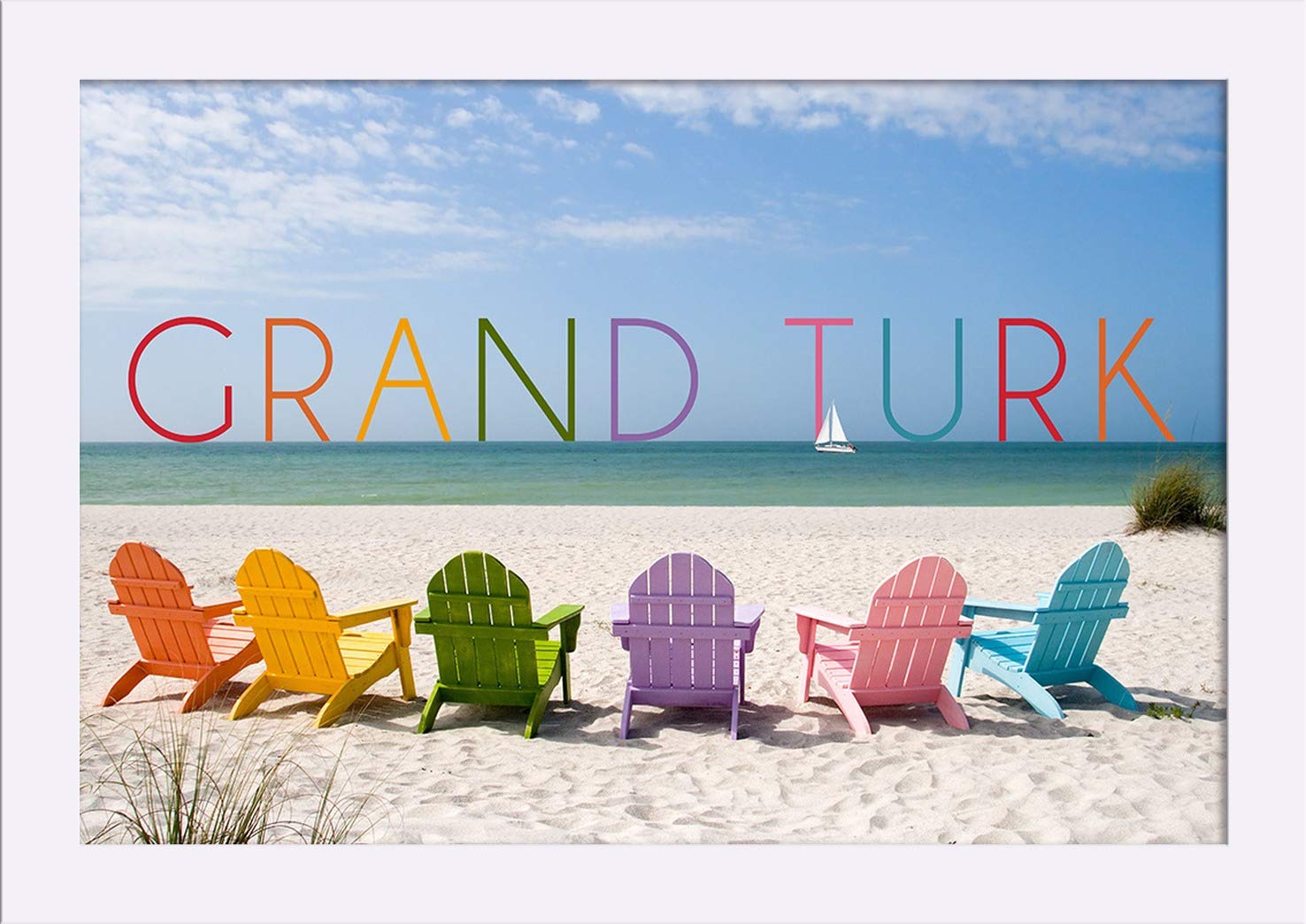 Grand Turk Colorful Beach Chairs - 12x18 Giclee Fine Art Print with Recycled Wood Frame in White | Tropical Home Decor, Coastal Living Room Wall Art, Beach House Decoration