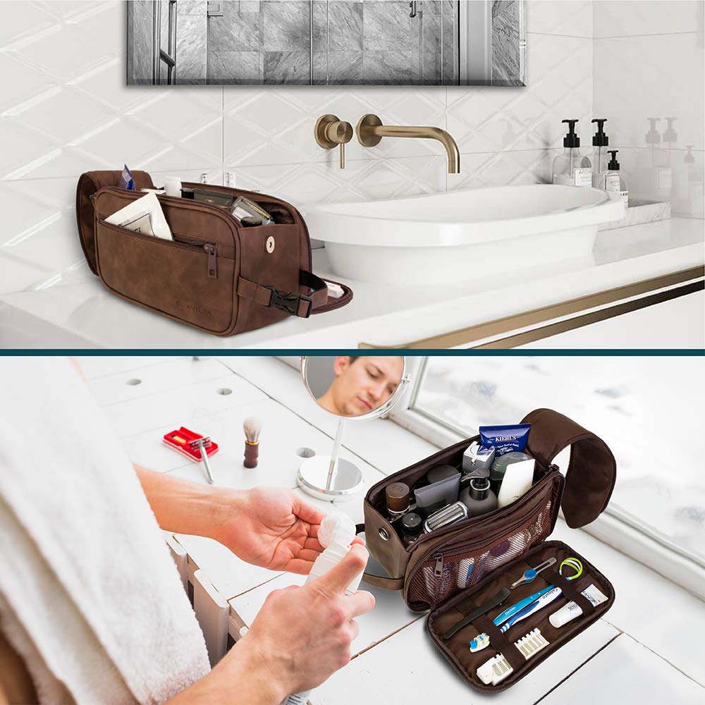 PAVILIA Men's Travel Toiletry Bag - Water Resistant PU Leather Dopp Kit for Shaving & Grooming Essentials - Cosmetic Organizer Pouch for Business Trips, Camping & Vacation (Dark Brown)