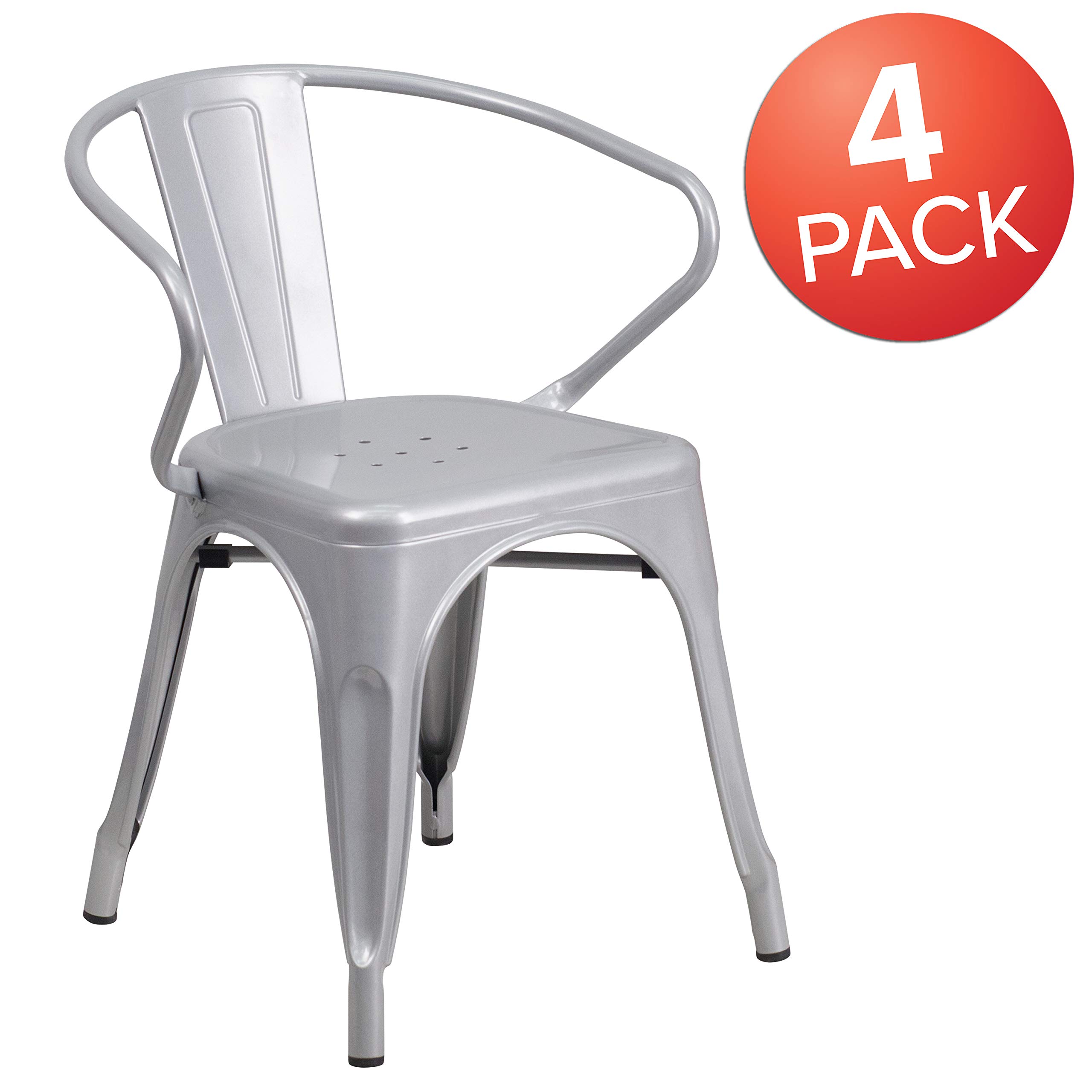 4 Pack Silver Metal Indoor-Outdoor Arm Chairs - Durable Restaurant & Cafe Furniture for Dining, Patio, Garden and Outdoor Seating