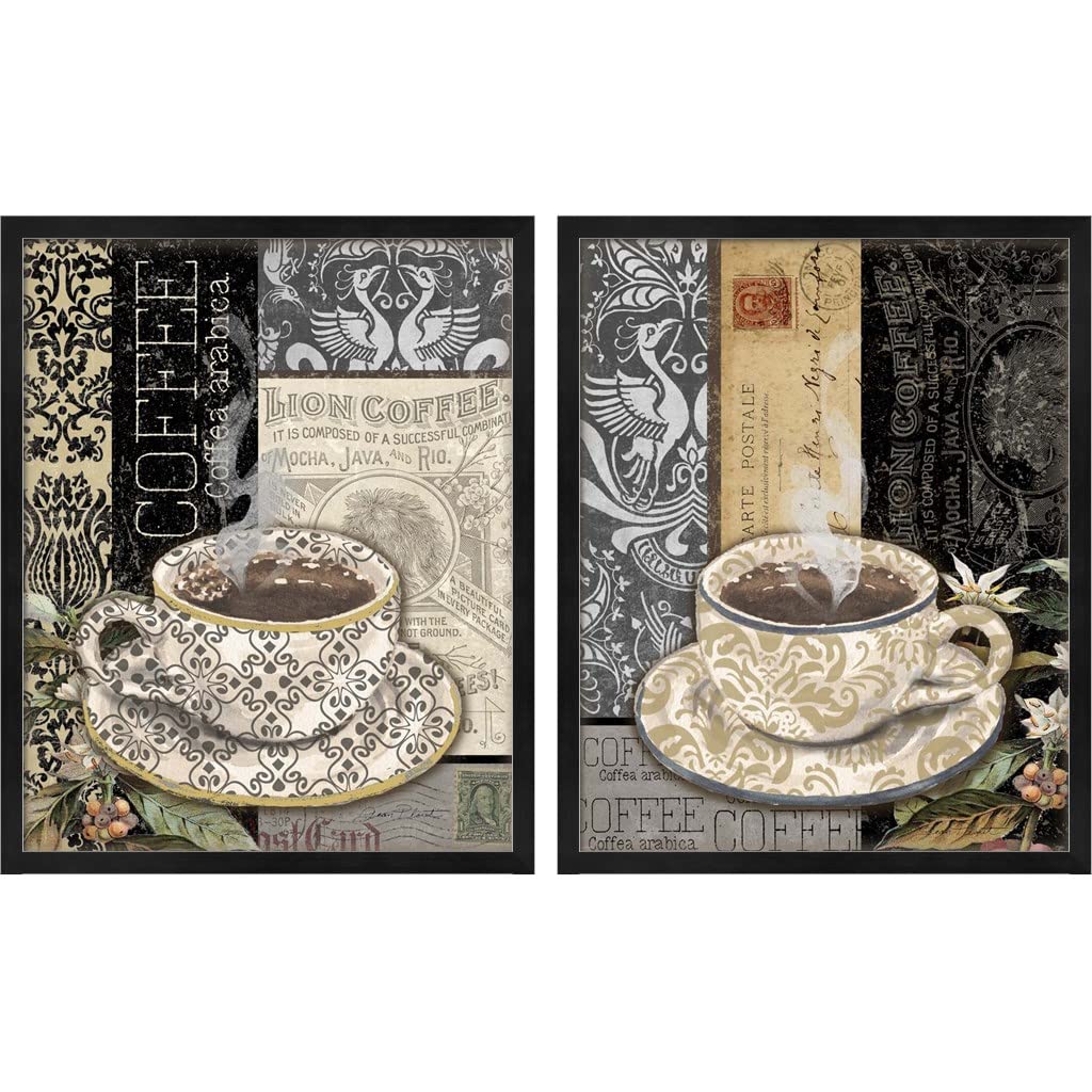 Lion Coffee by Jean Plout - 2 Piece Black Framed Wall Art Set, 17.25 x 21.25 Inches Each - Vintage Kitchen Decor for Coffee Lovers & Home Baristas