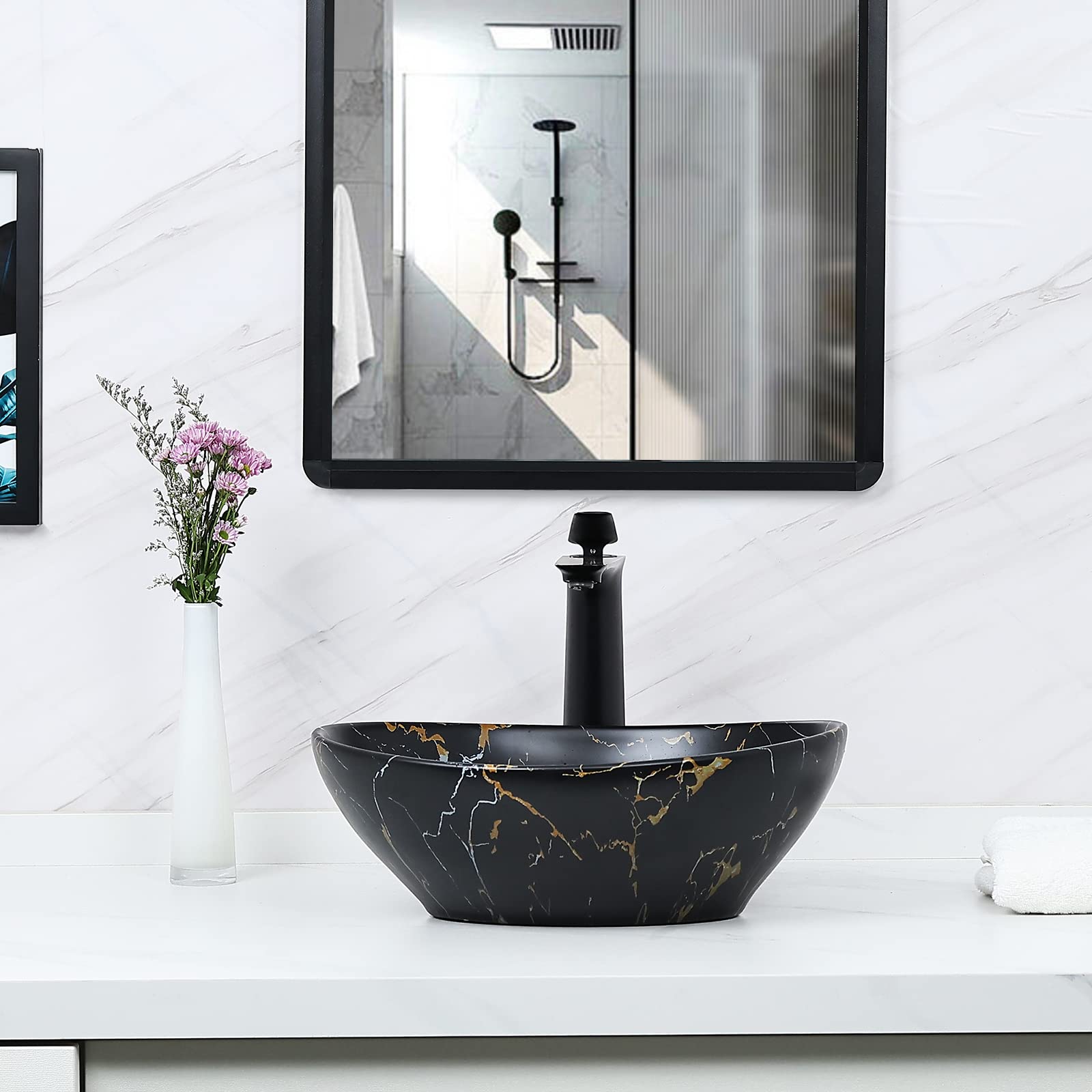 Davivy 16'' Matte Black Oval Vessel Sink - Ceramic Countertop Bathroom Sink for Modern Vanities