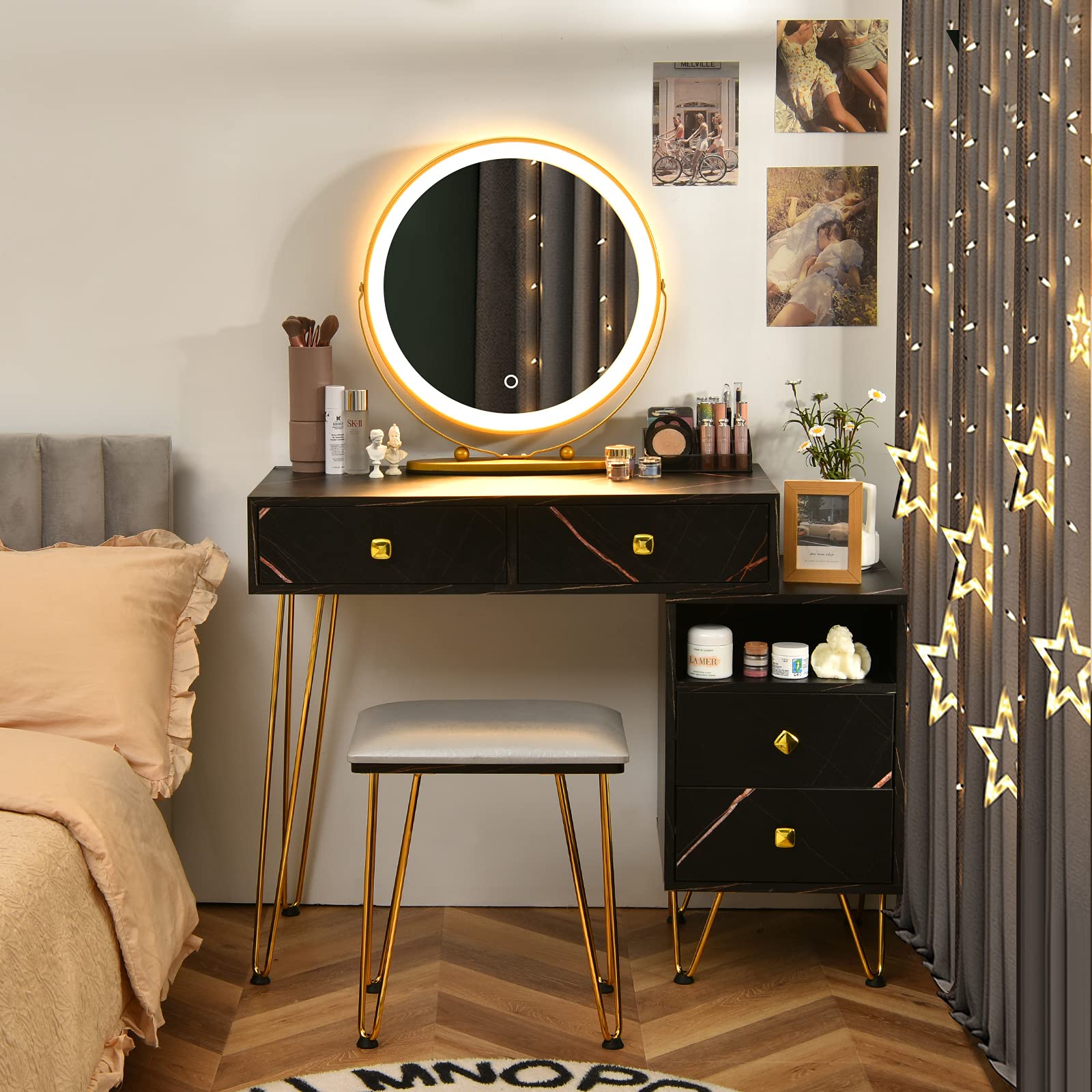 CHARMAID Vanity Set with 3-Color LED Mirror, Left/Right Side Cabinet, 2 Large Drawers & Lipstick Organizer | Marble Black Makeup Dressing Table with Cushioned Stool for Bedroom, Bathroom or Dorm | Perfect for Makeup Application, Skincare Routine & Jewelry Storage