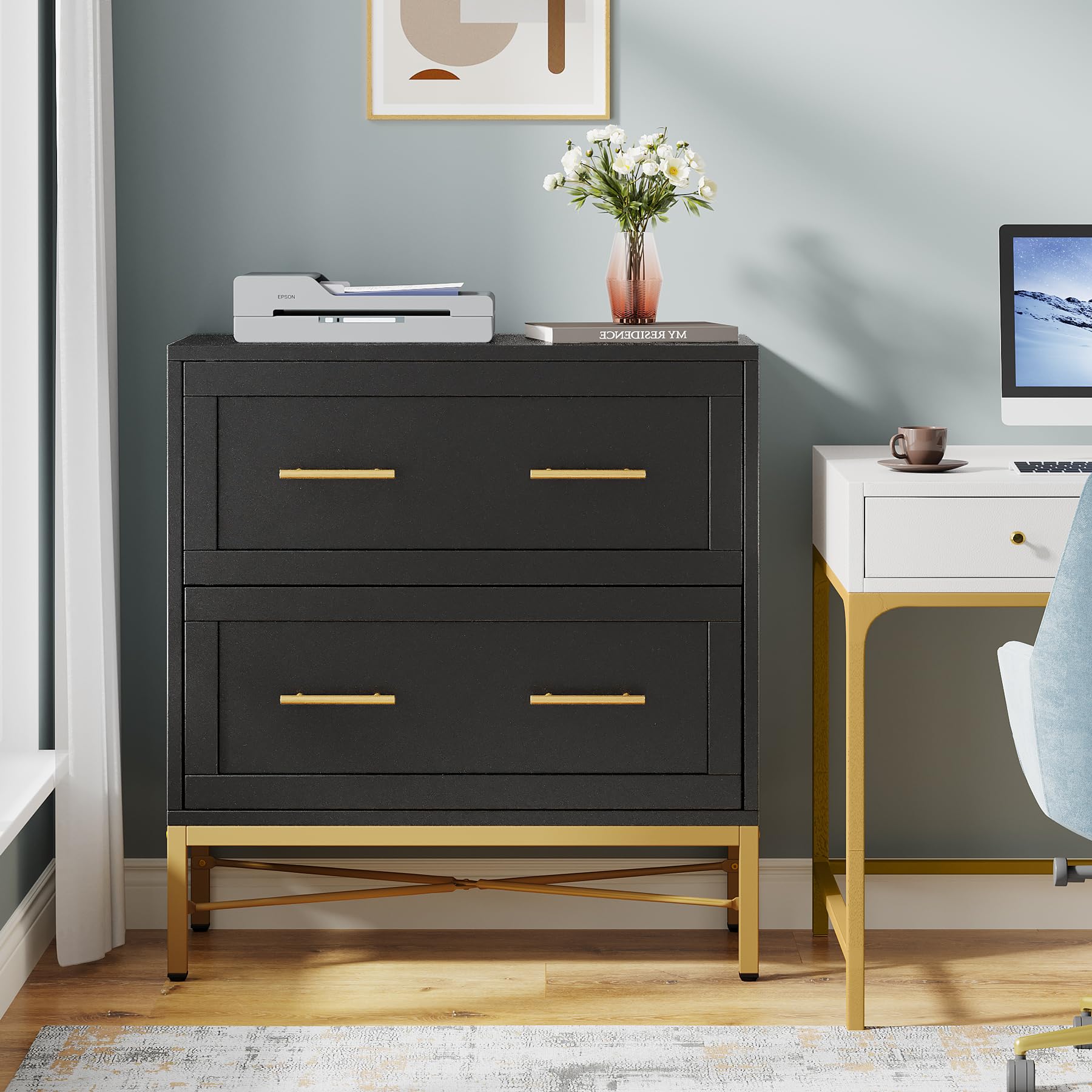 Tribesigns 2 Drawer File Cabinet - Modern Lateral Filing Cabinet for Letter/Legal/A4 Size Documents - Large Storage Cabinet with Printer Stand for Home Office - Black & Gold - Perfect for Organizing Files, Office Supplies & Workspace Essentials