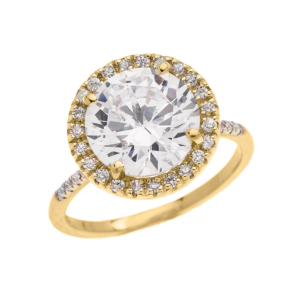 14K Yellow Gold Diamond Engagement Ring with CZ Center Stone - Micro Pave Setting for Women, Wedding Proposal, Anniversary Gift, Valentine's Day Present