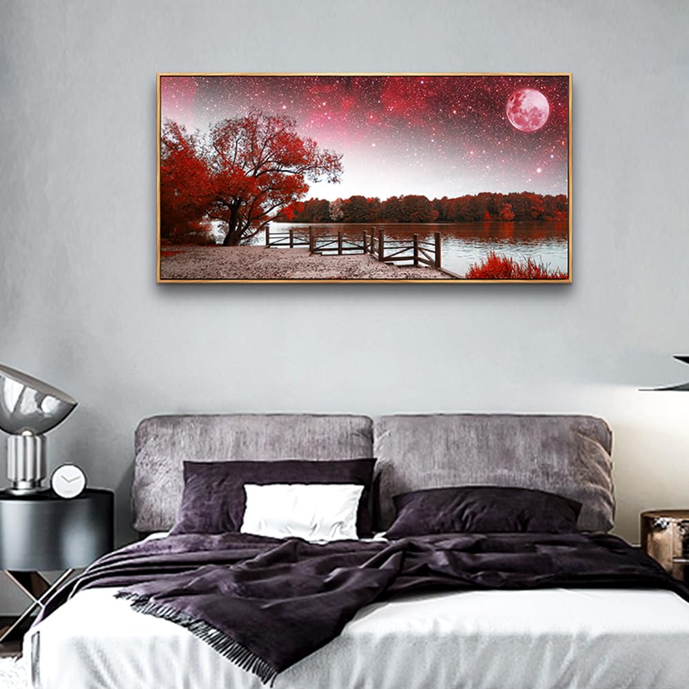 Premium Red Tree Wall Art Painting - Large 20x40 Inch Wood Framed Landscape Poster for Living Room, Bedroom & Office Decor - Starry Sky Moon Scene Home Decoration | Perfect for Modern Interior Design & Housewarming Gifts
