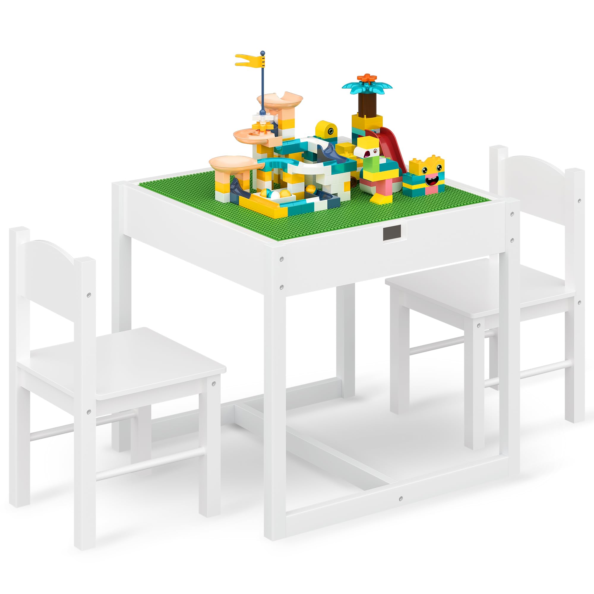 4NM 3-in-1 Kids Table and Chairs Set for Toddlers Ages 3-7 - Wooden Play Activity Table with Hidden Storage, Building Block Desk - White & Green - Perfect for Playroom, Preschool Learning, and Creative Activities