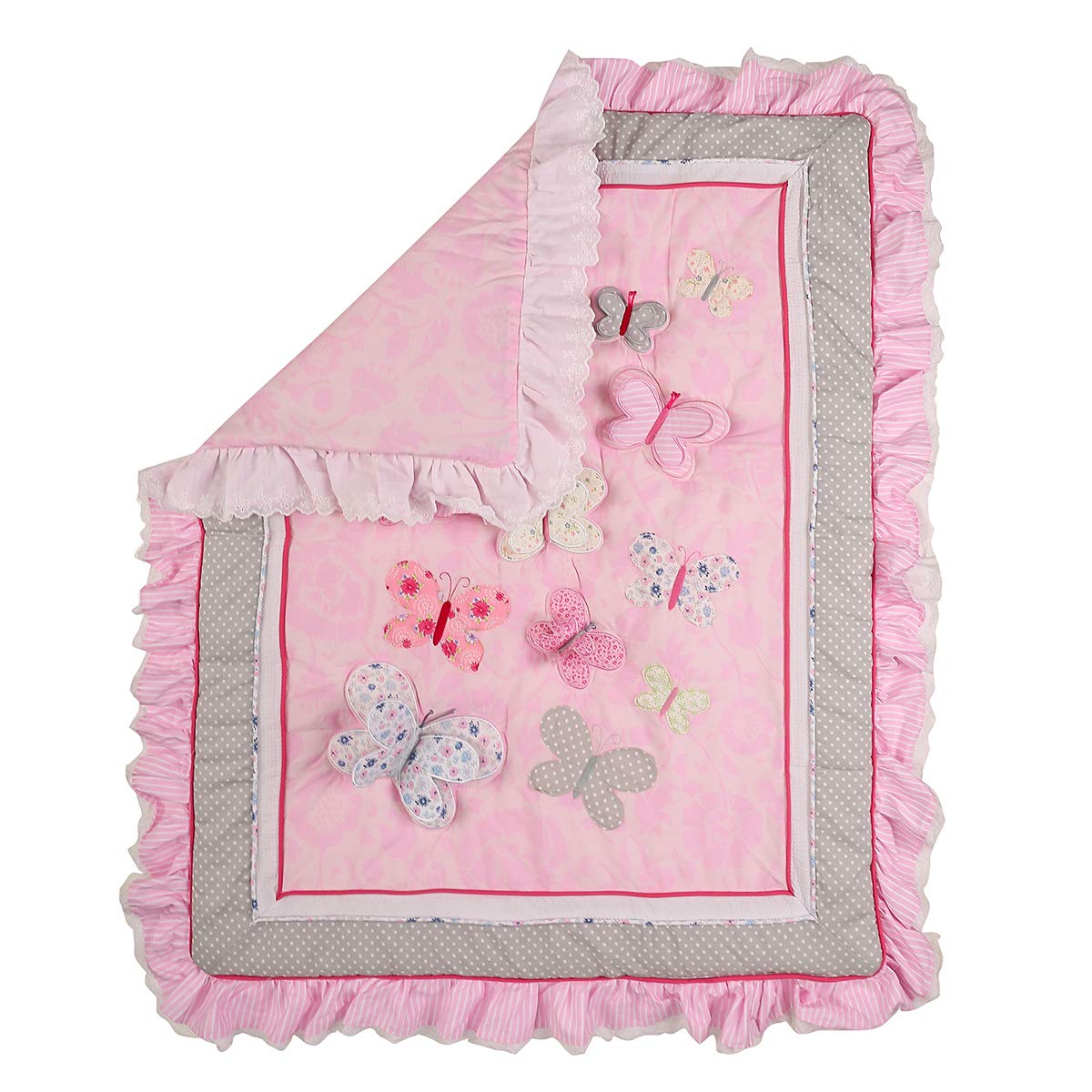5-Piece Pink Butterfly Embroidery Nursery Crib Bedding Set for Baby Girls - 1 Quilt, 1 Fitted Sheet, 1 Skirt, 1 Window Valance, 1 Changing Pad Cover - Perfect for Nursery Decor, Baby Showers & Newborn Gifts