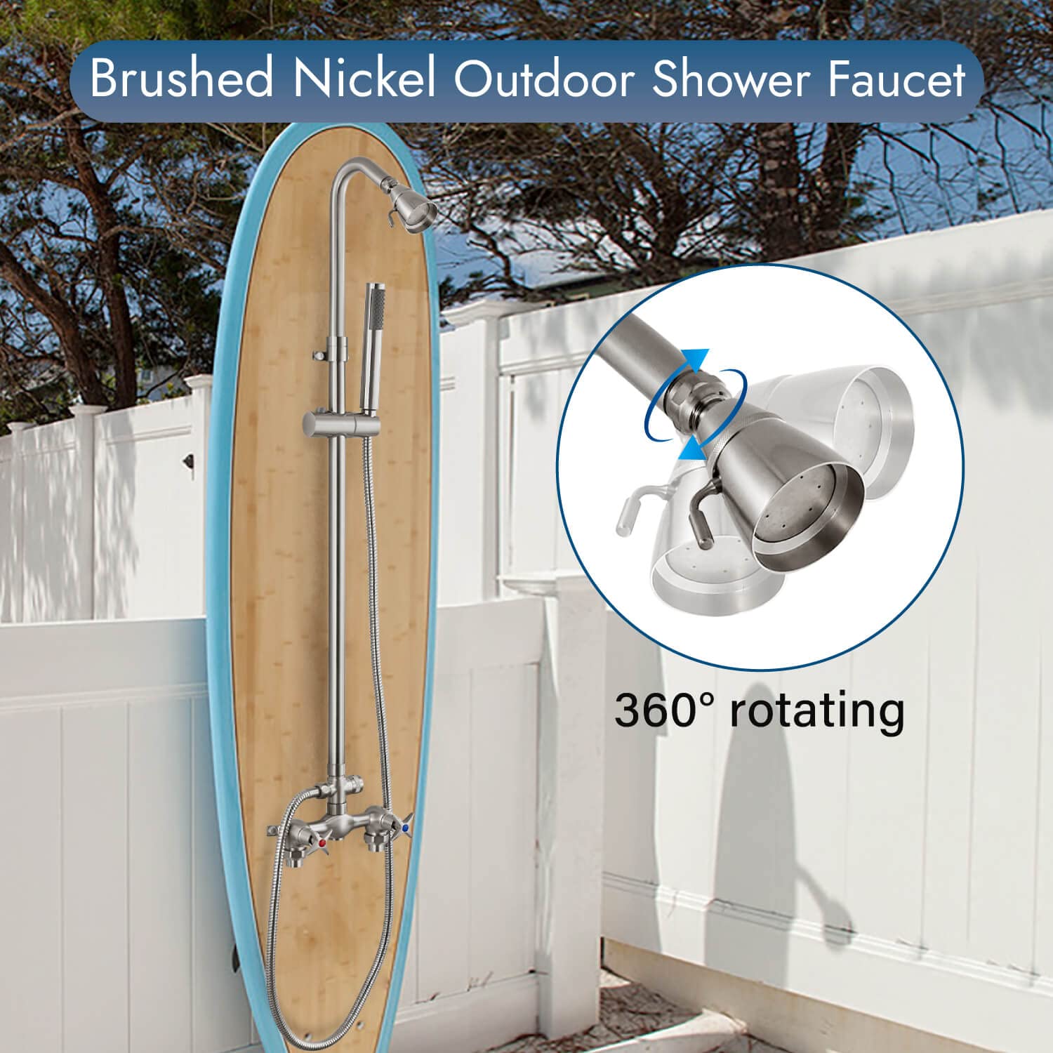 Brushed Nickel Wall Mounted Exposed Shower Fixtures with Handheld Shower Head - Outdoor Shower Kit with 2 Cross Handles & Adjustable Slide Bar - Dual Function Shower Faucet for Bathroom, Poolside, and Garden Use