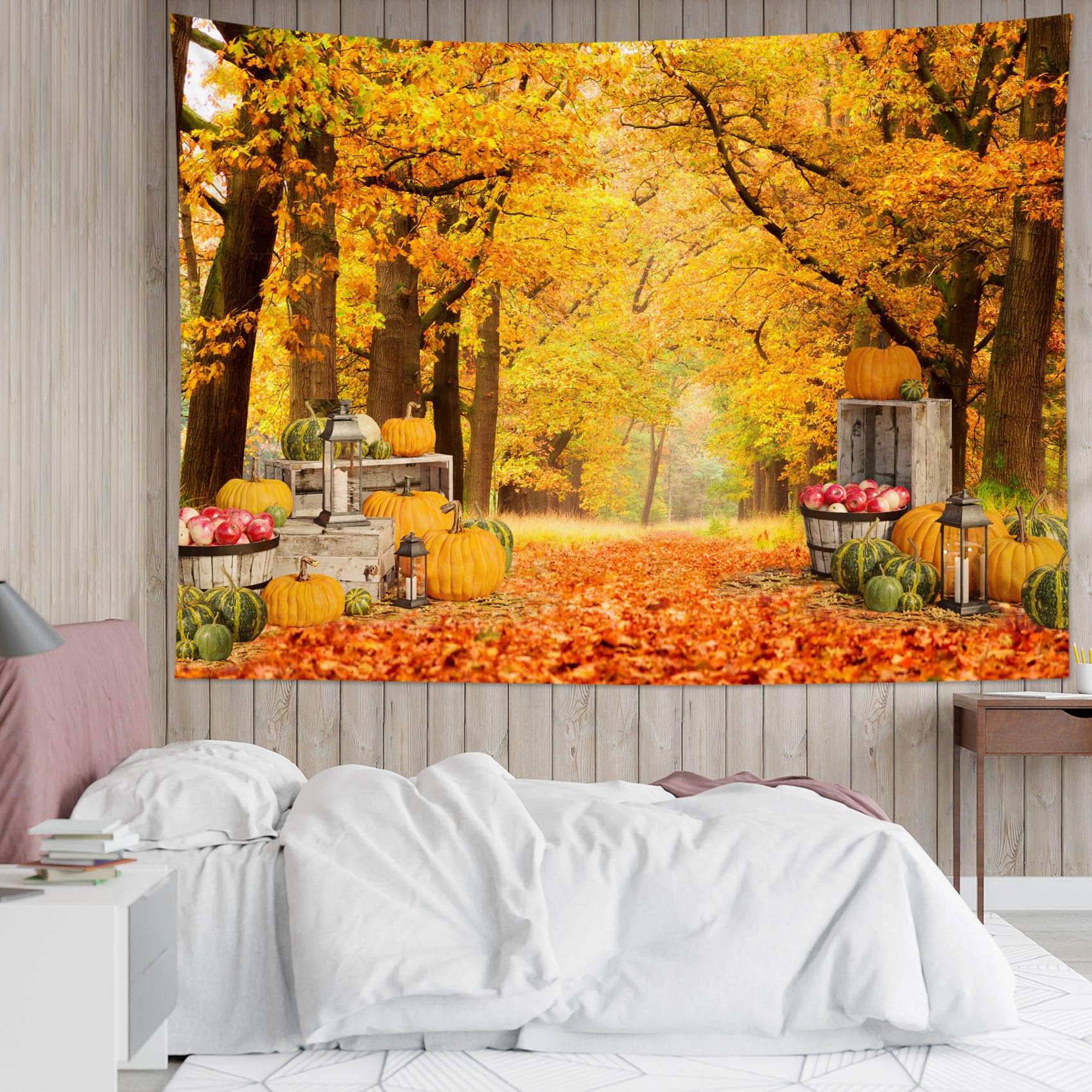 HVEST Fall Tapestry Wall Hanging - Rustic Crop Pumpkins, Orange Maple Forest, Autumn Natural Scenery, 80Wx60H Inches, Perfect for Living Room, Bedroom, Farmhouse, Holiday Party Decor, and Seasonal Home Styling