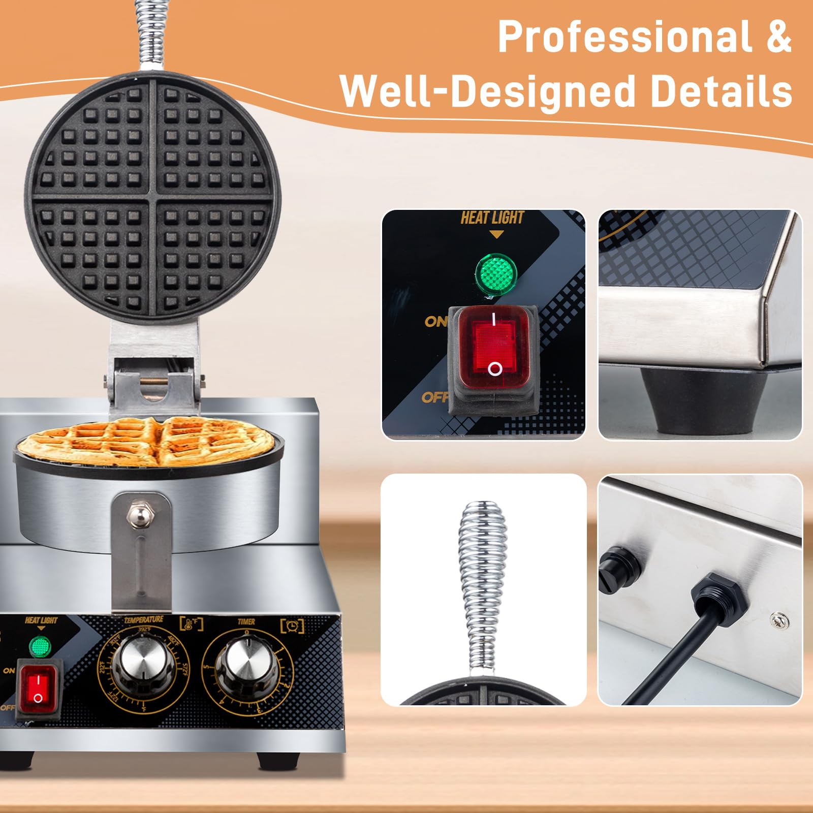 ROVSUN Commercial Electric Belgian Waffle Maker - 360° Rotating Non-Stick Waffle Iron with Adjustable Temperature & Timer - Perfect for Hotels, Restaurants, and Breakfast Cafes