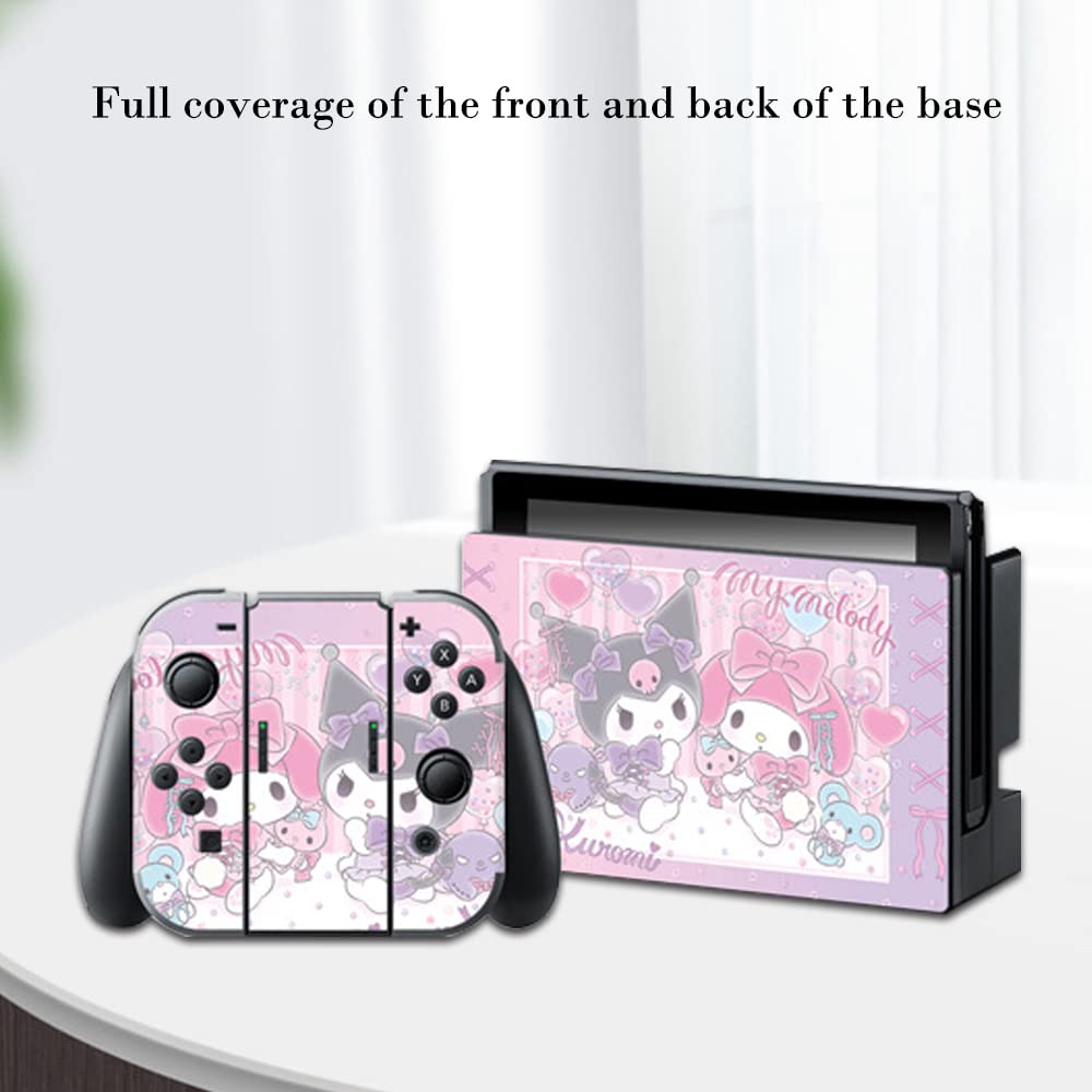 PERFECTSIGHT Kawaii Cartoon Vinyl Decal Skin Sticker for Nintendo Switch - Full Set Protective Wrap for NS Console, Joy-Con Controller & Dock (Melody Rabbit Design) - Perfect for Gaming Protection and Personalization