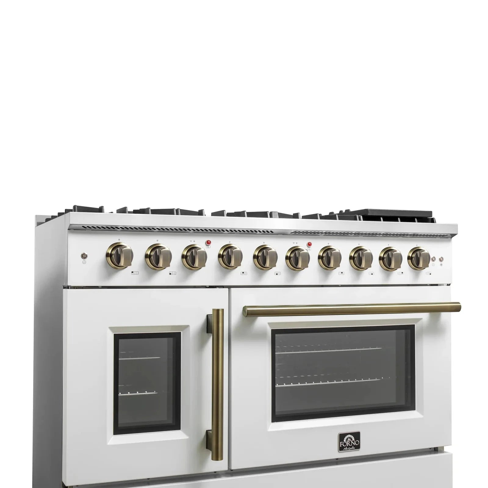 Forno Galiano 48-Inch Freestanding All Gas Range with French Doors - White with Antique Brass Trim (Model FFSGS6444 48WHT) - Perfect for Modern Kitchens & Professional Chefs