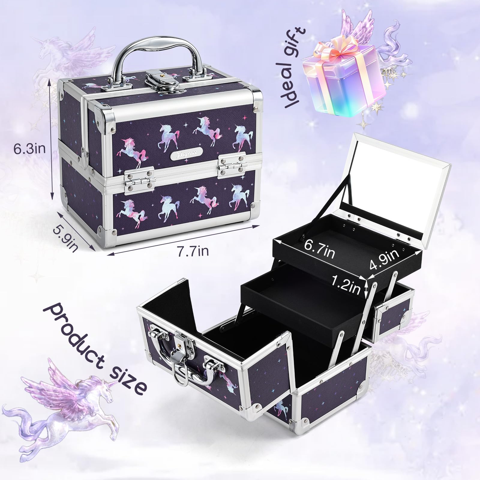 Joligrace Unicorn Makeup Box for Girls - Portable Travel Cosmetic Case with Mirror, Lockable Jewelry Organizer, Lightweight & Durable (19.5x15x16cm) - Perfect for Travel, Birthday Gifts & Beauty Storage